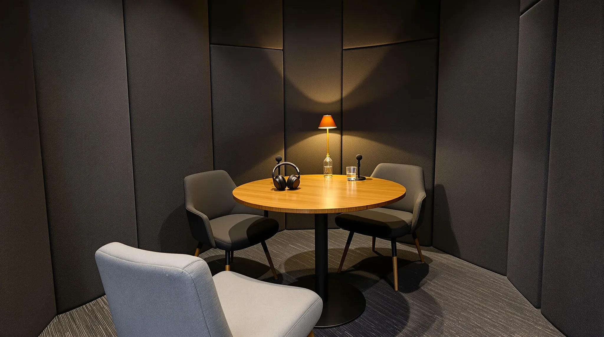 A small podcast room inside an office with fabric-lined walls, two microphones and headphones on a table