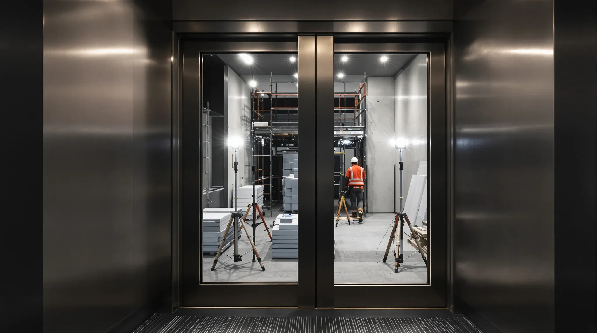 An office floor under works at night, lit by work lights and seen through the glass entry doors
