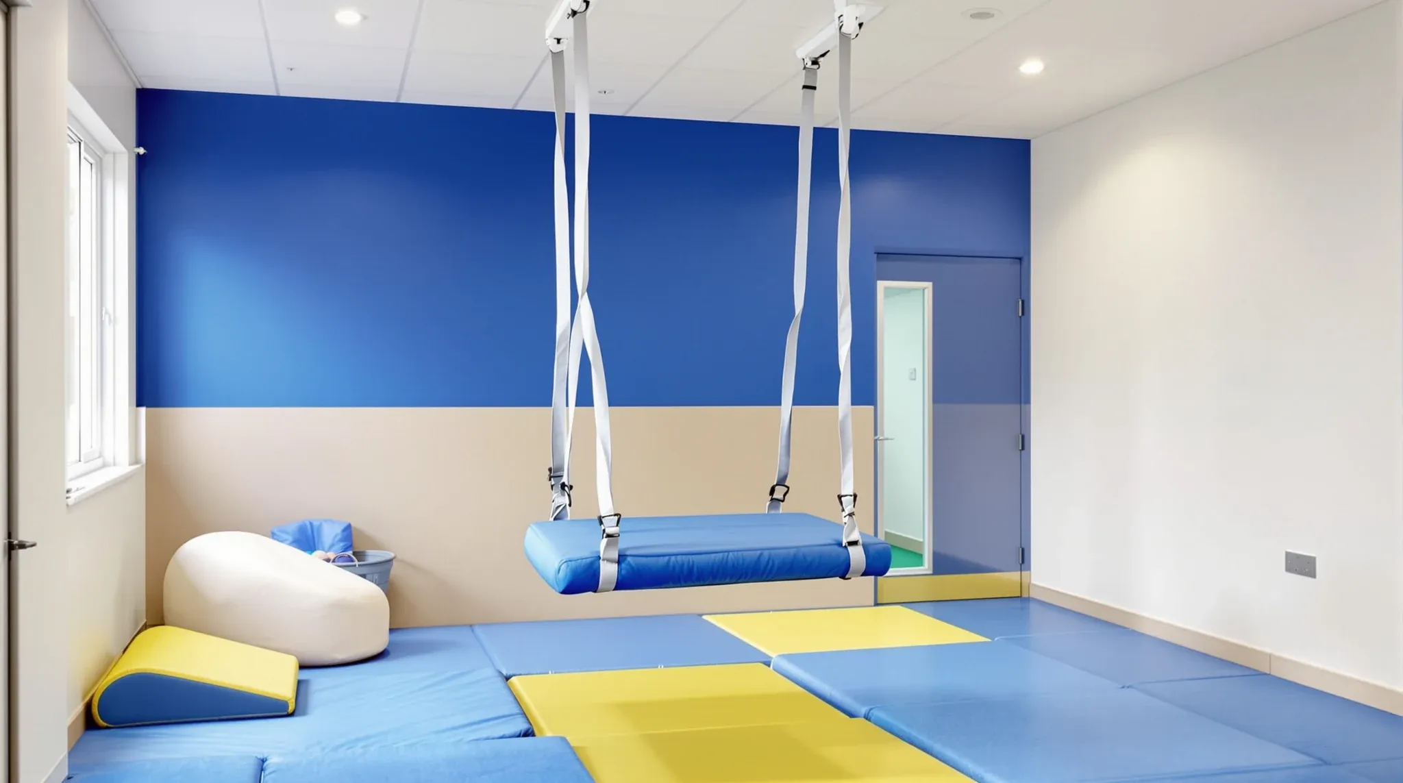 Empty children's therapy room with a ceiling-hung swing, floor mats, padded lower walls and a viewing panel in the door