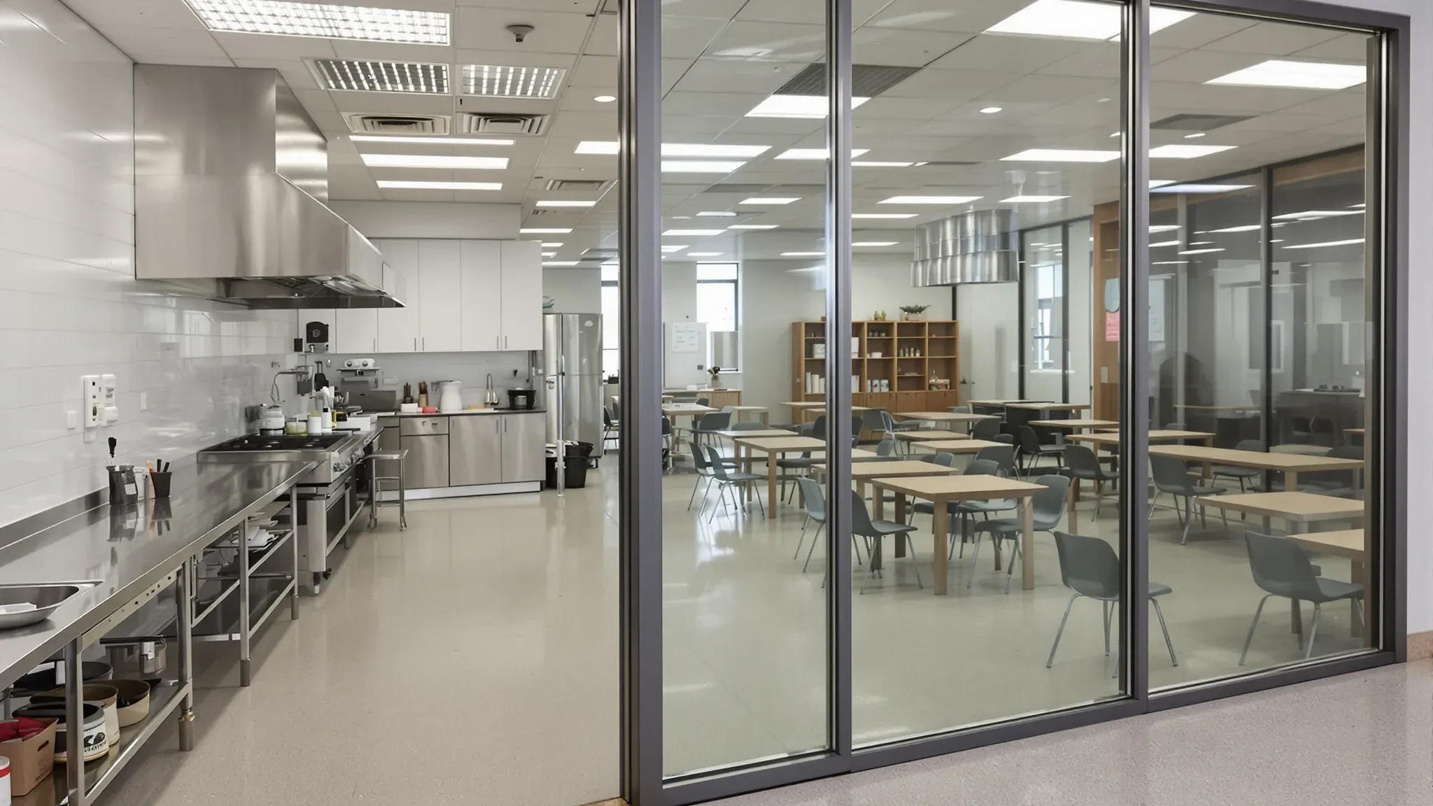 Test kitchen with stainless benches and an exhaust hood beside a glass wall into a training room