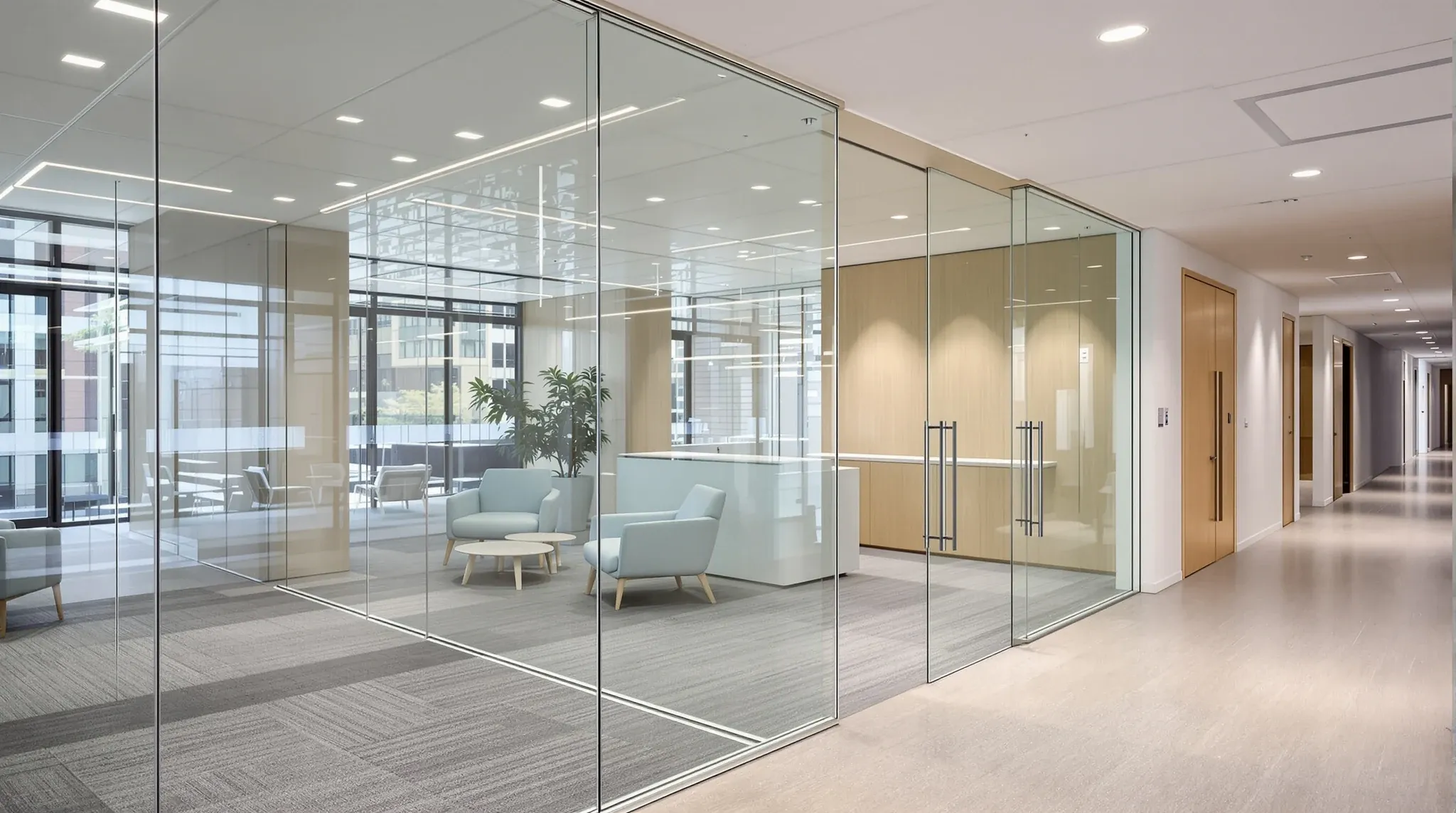 A frameless glass reception front seen at an angle from a common corridor, a timber desk behind