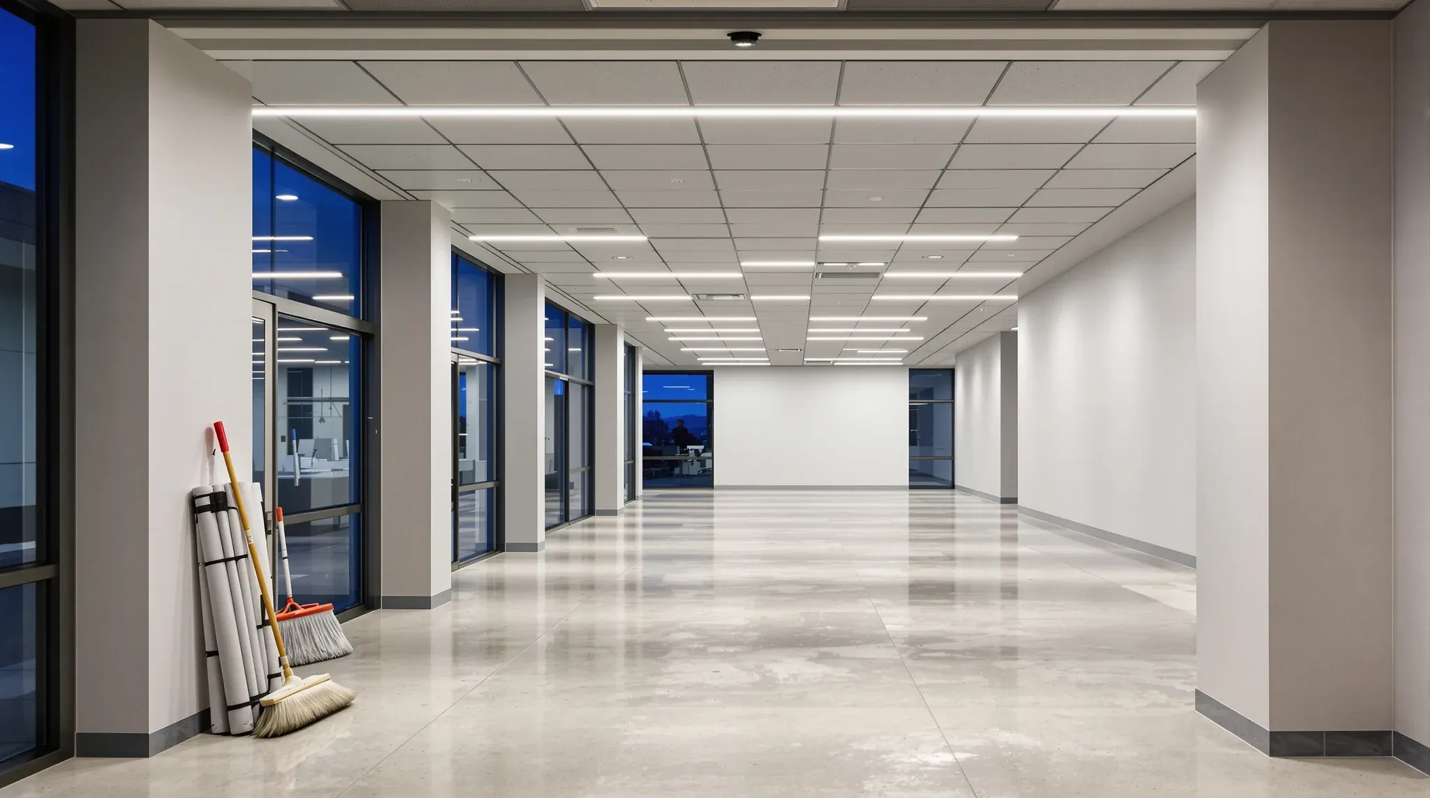 A cleared office tenancy at dusk with rolled floor protection stacked by the entry, ready to hand back