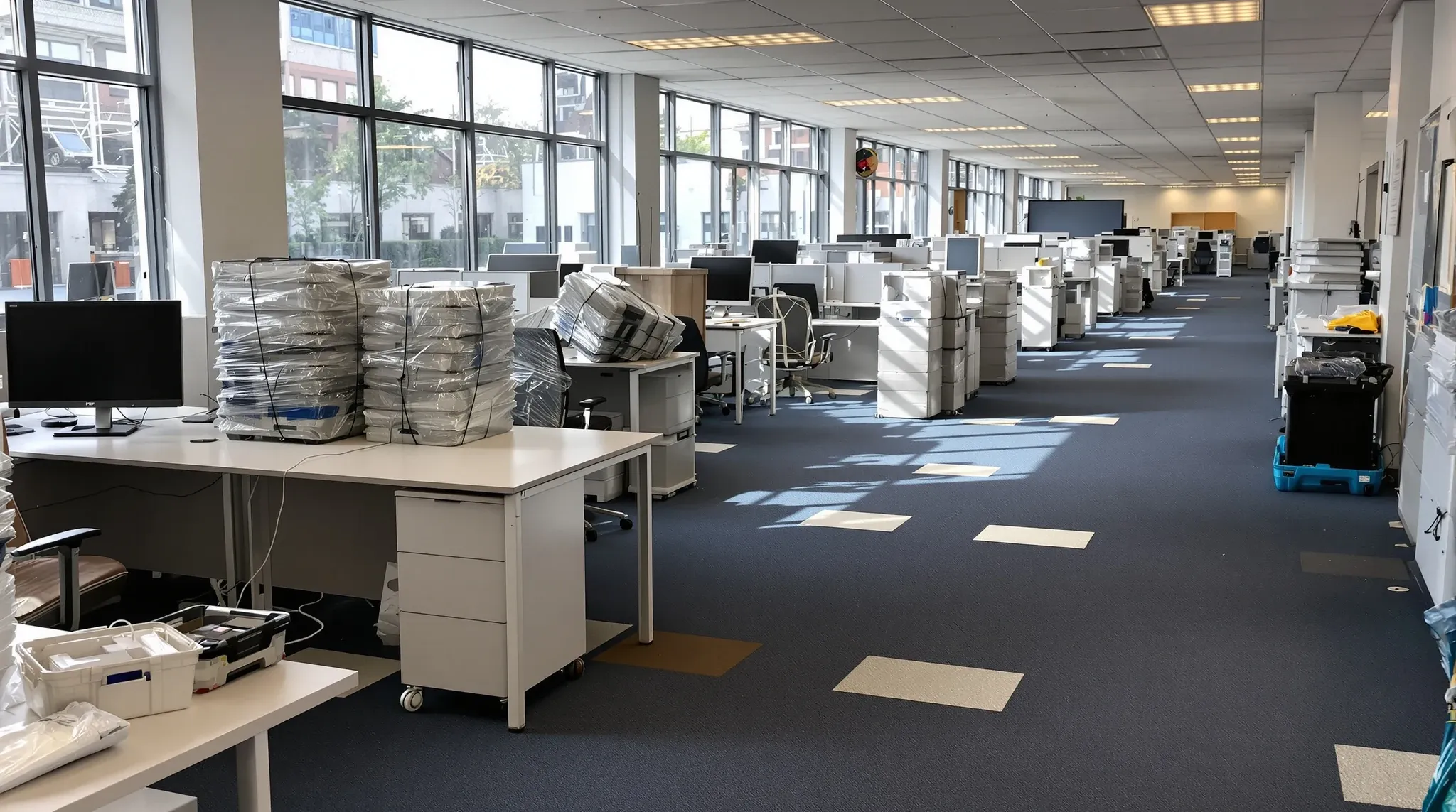 Cleared desks, stacked moving crates and wrapped monitors in an old office on moving day