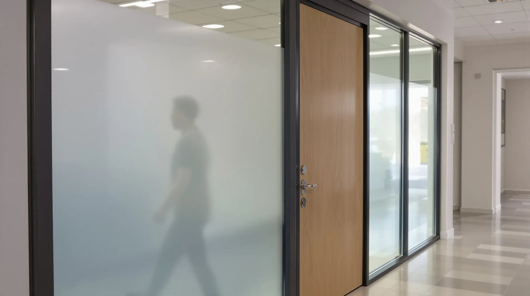 A consulting room glass front with full frosting and a clear strip of glass high up