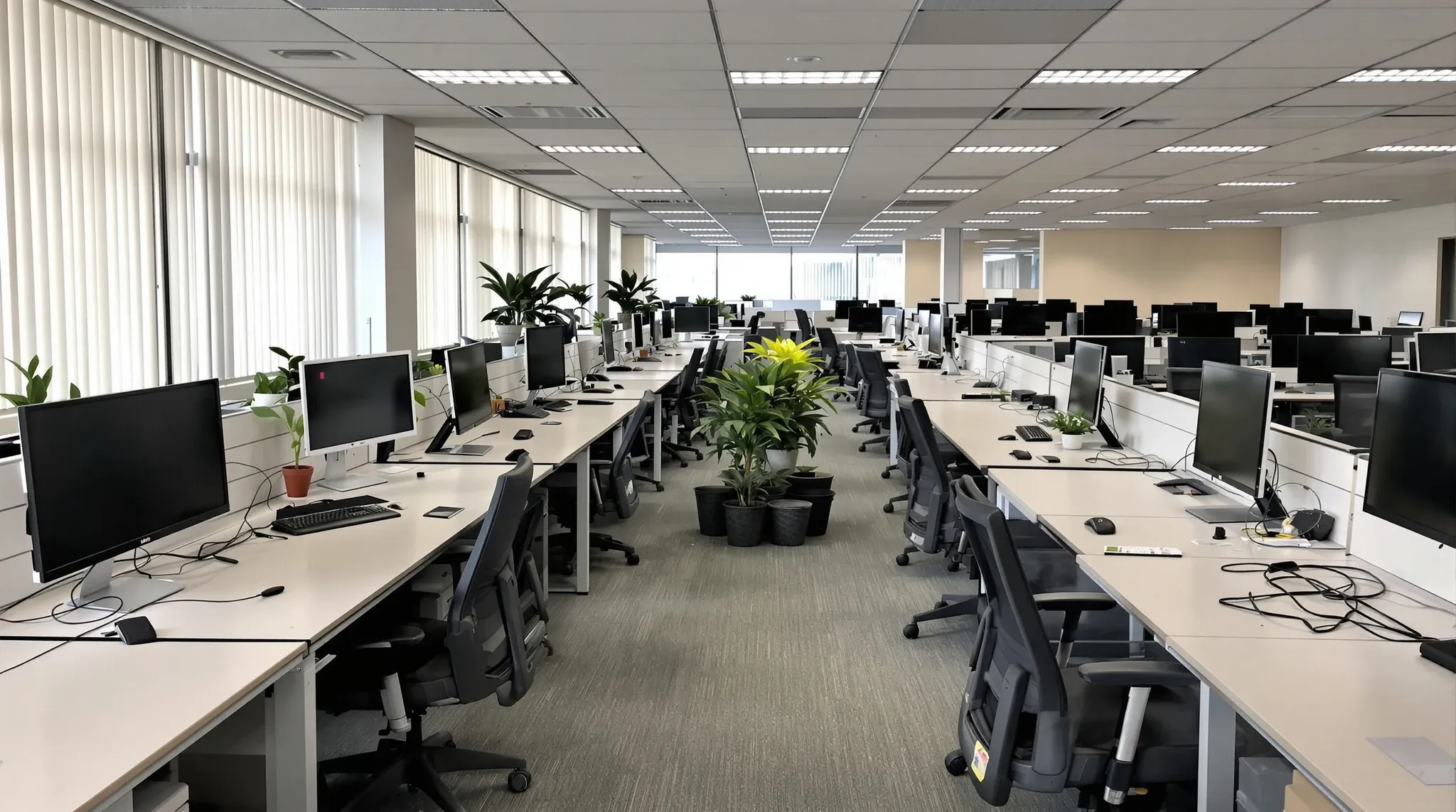Cleared office desks with empty monitor arms and chairs gathered in the walkway, ready for a new layout