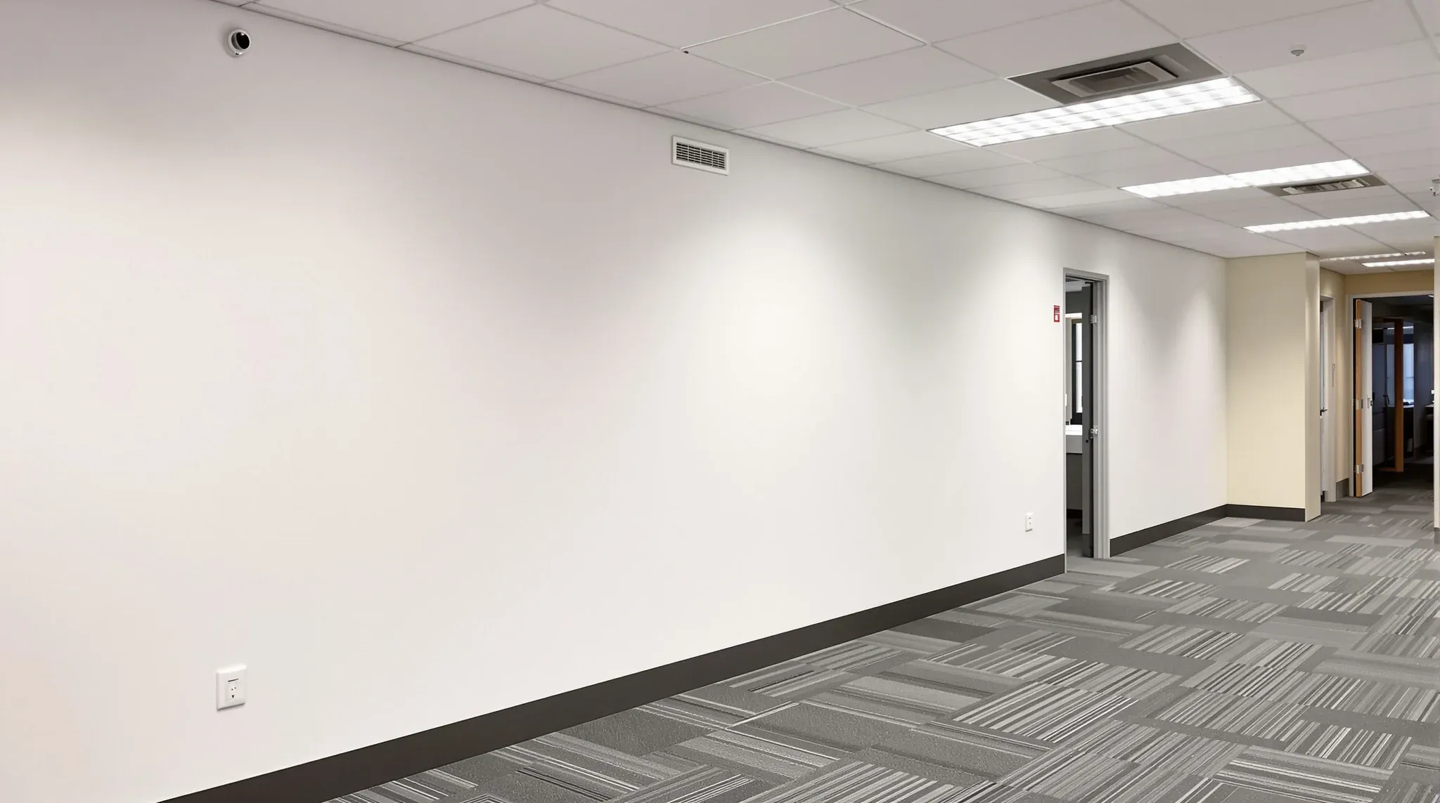 A finished office partition wall with a ceiling diffuser and a small service access panel
