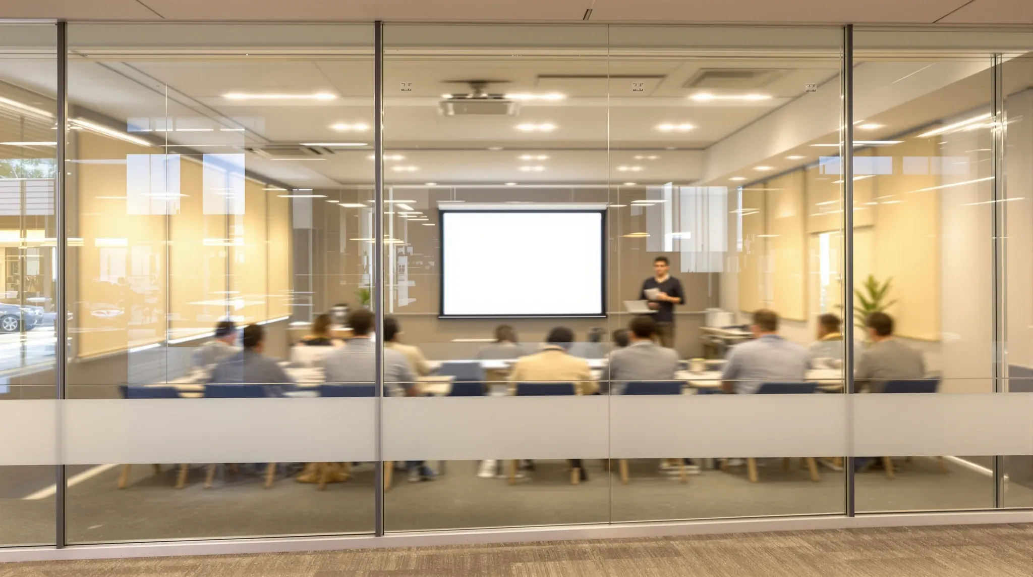 A training session seen through a glass wall with a frosted band, with blinds partly drawn inside