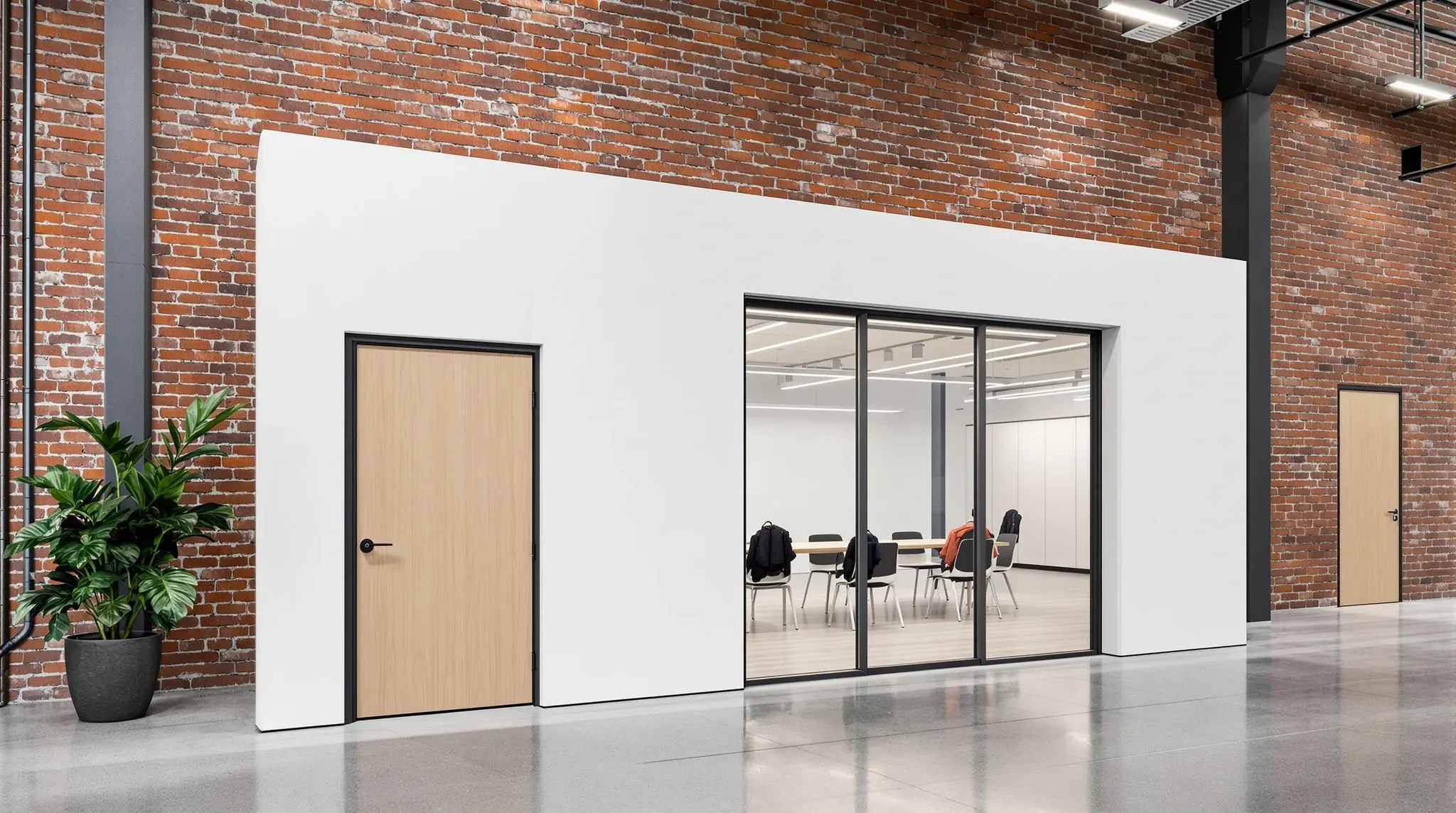 A new white plasterboard meeting room built against the face brick wall of a converted industrial office