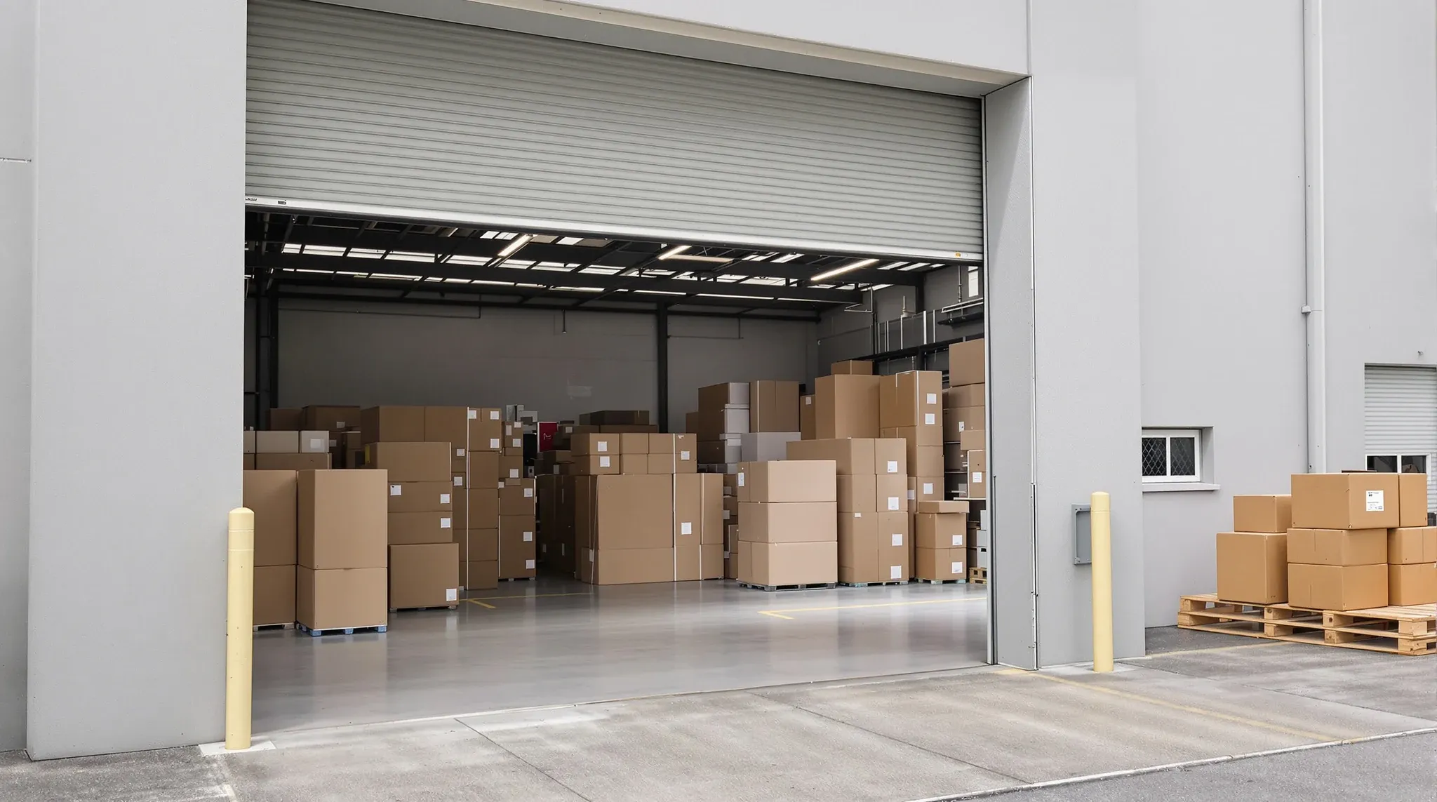 Flat-packed joinery and plain cartons stacked in a fit-out goods receiving bay