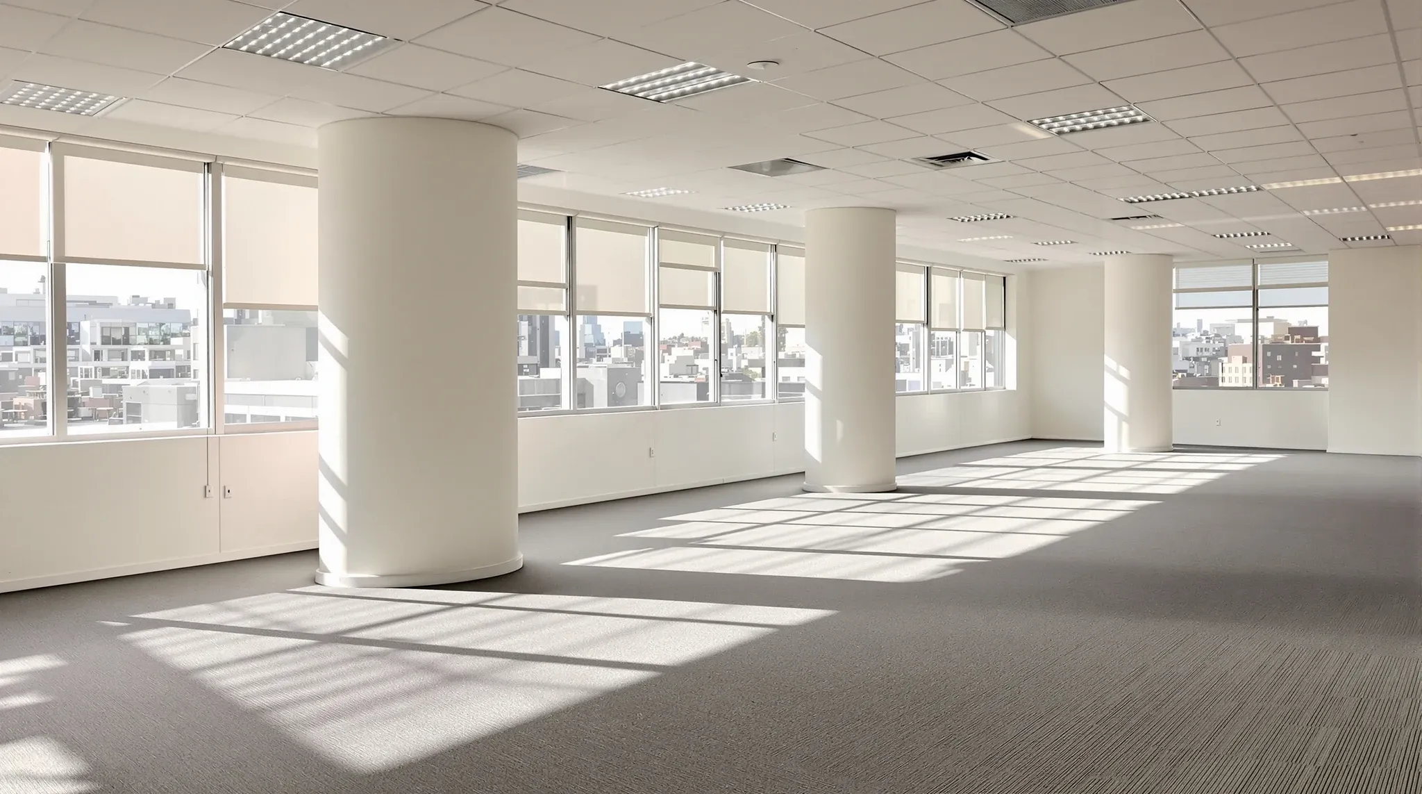A vacated office floor made ready for a new tenant, with new carpet, a clean ceiling and fresh paint