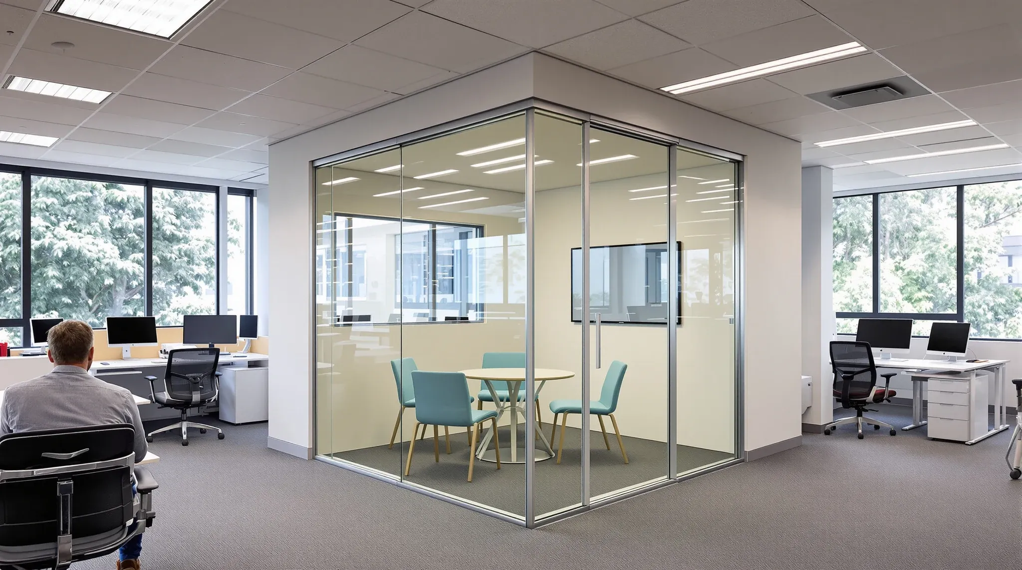 A newly added glass-fronted meeting room in the corner of a working open-plan office