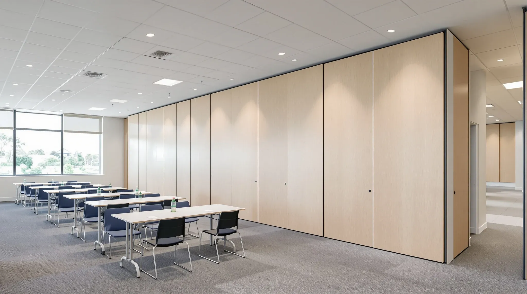 A training room opened into one space, with the solid operable wall panels stacked at one end