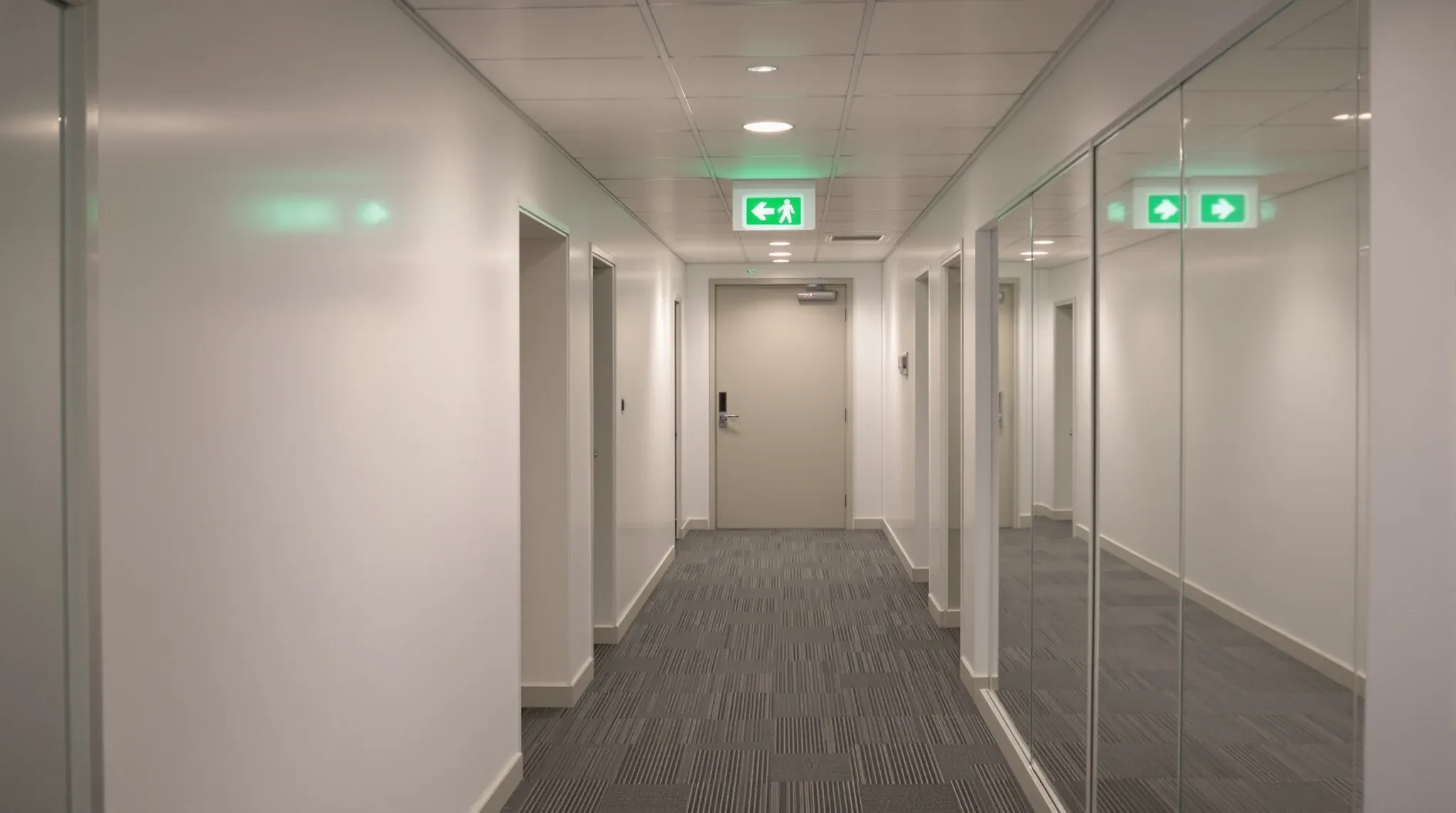 Empty finished office corridor with a green exit sign above a door and ceiling emergency lights