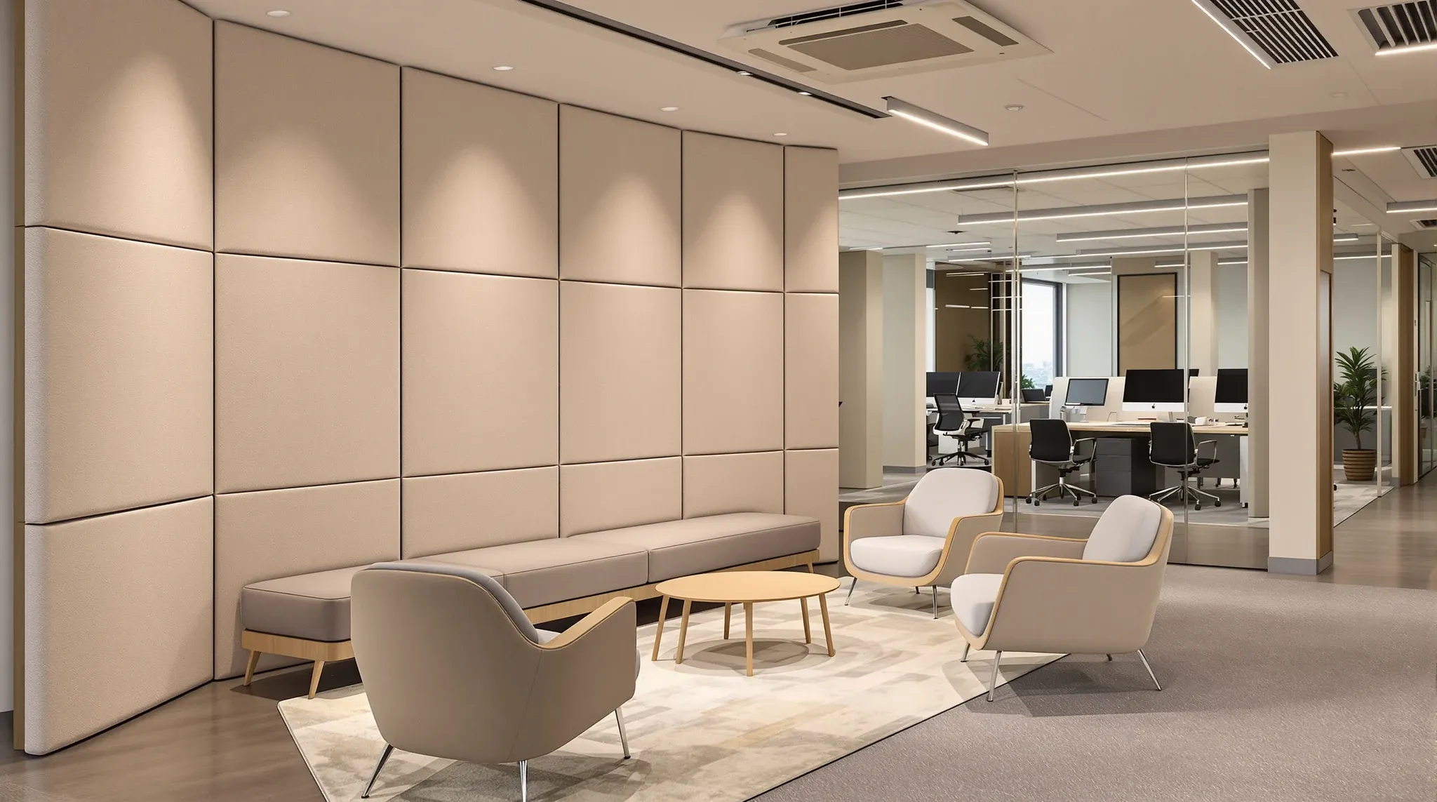 A soft furnished breakout corner with acoustic felt panels on the wall