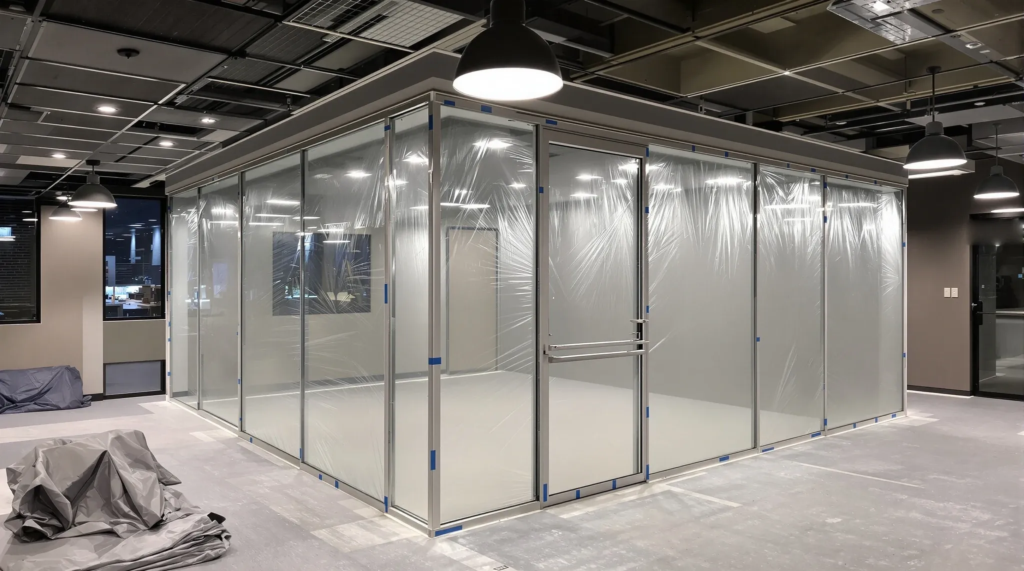 An existing glass meeting room wrapped in protective plastic while the office around it is renovated