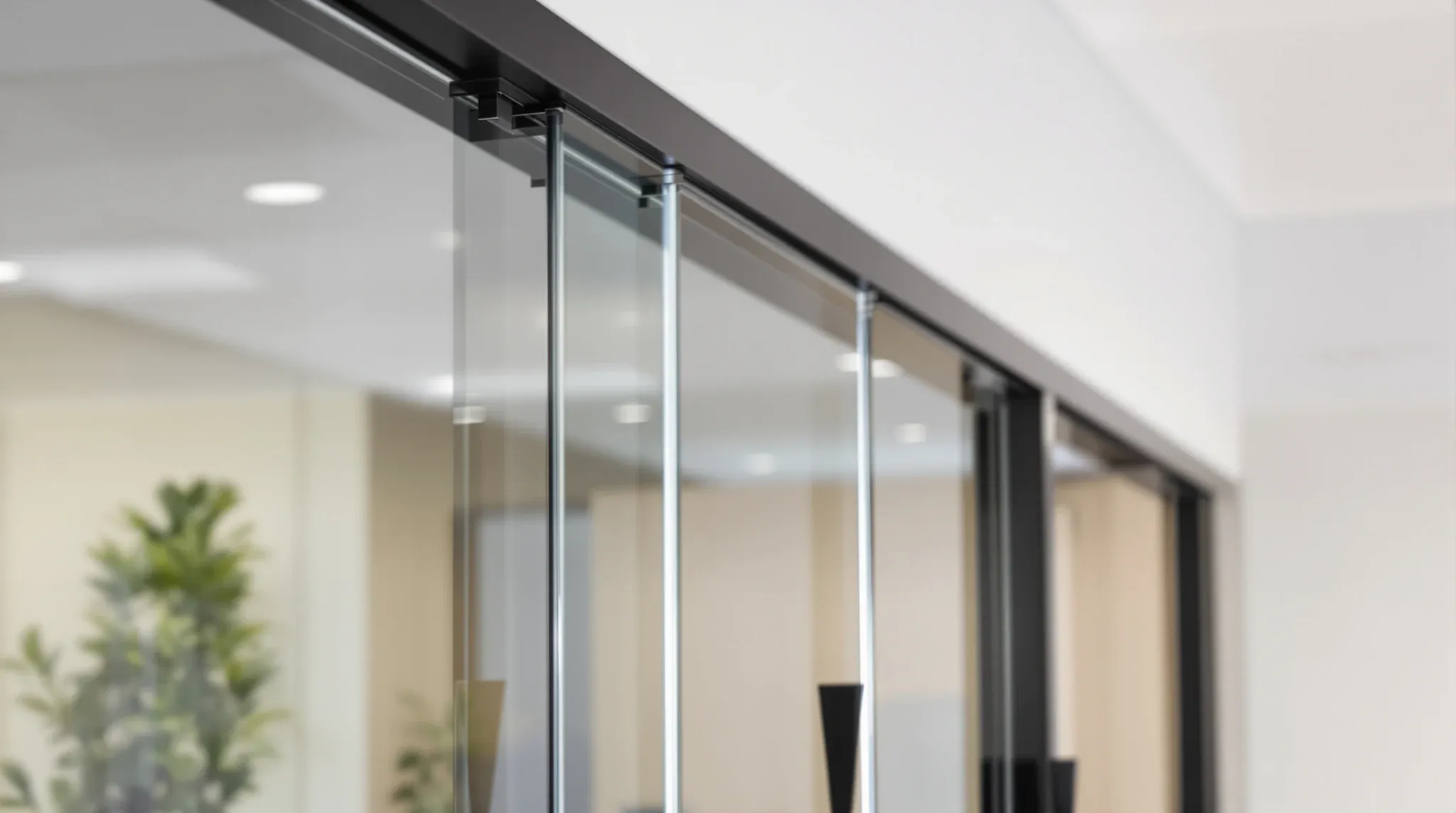 Close view of slim black aluminium glass partition framing meeting a door jamb and head track