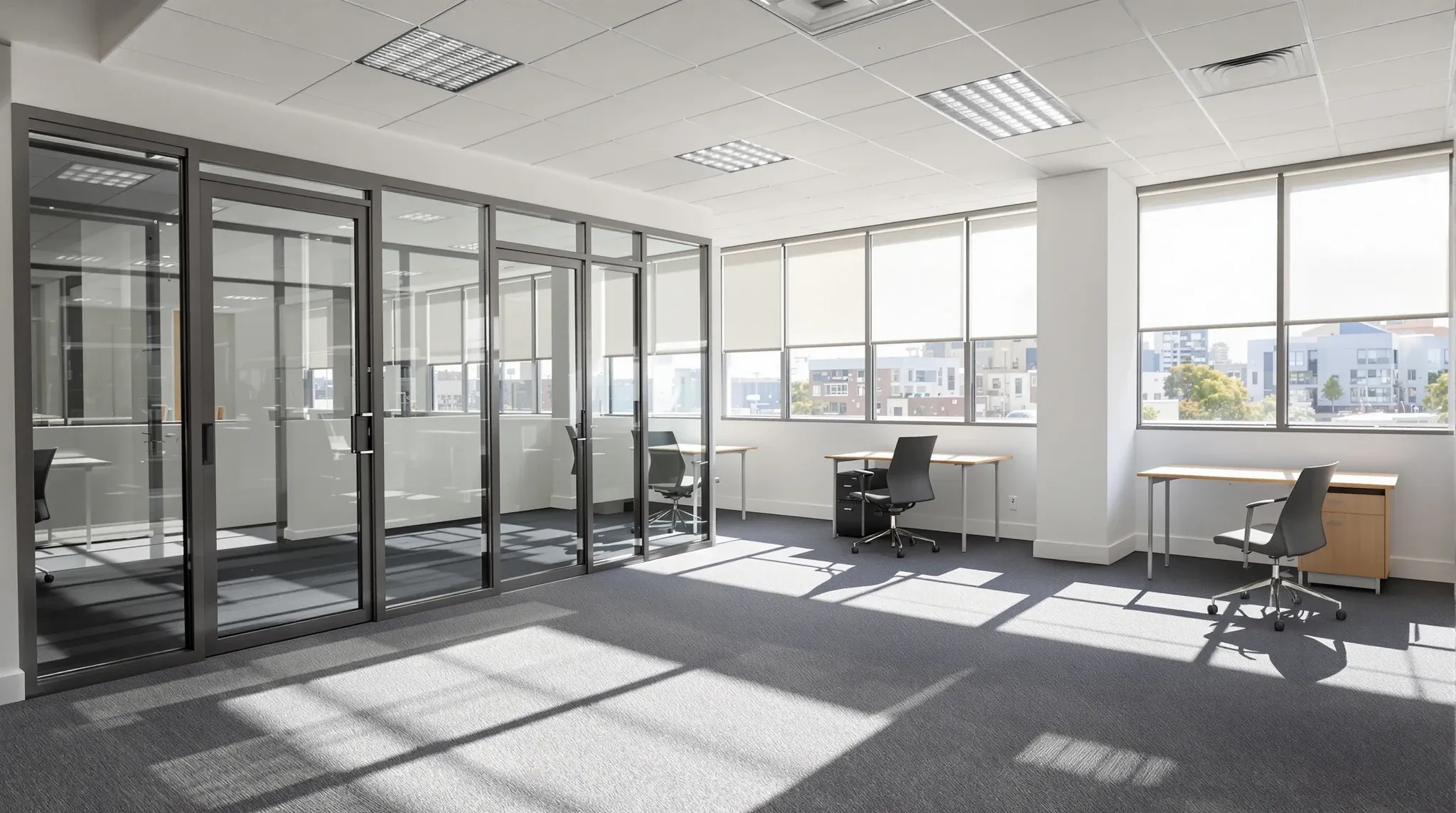 Morning sun passing through two glass-fronted offices onto the carpet of a small open office area
