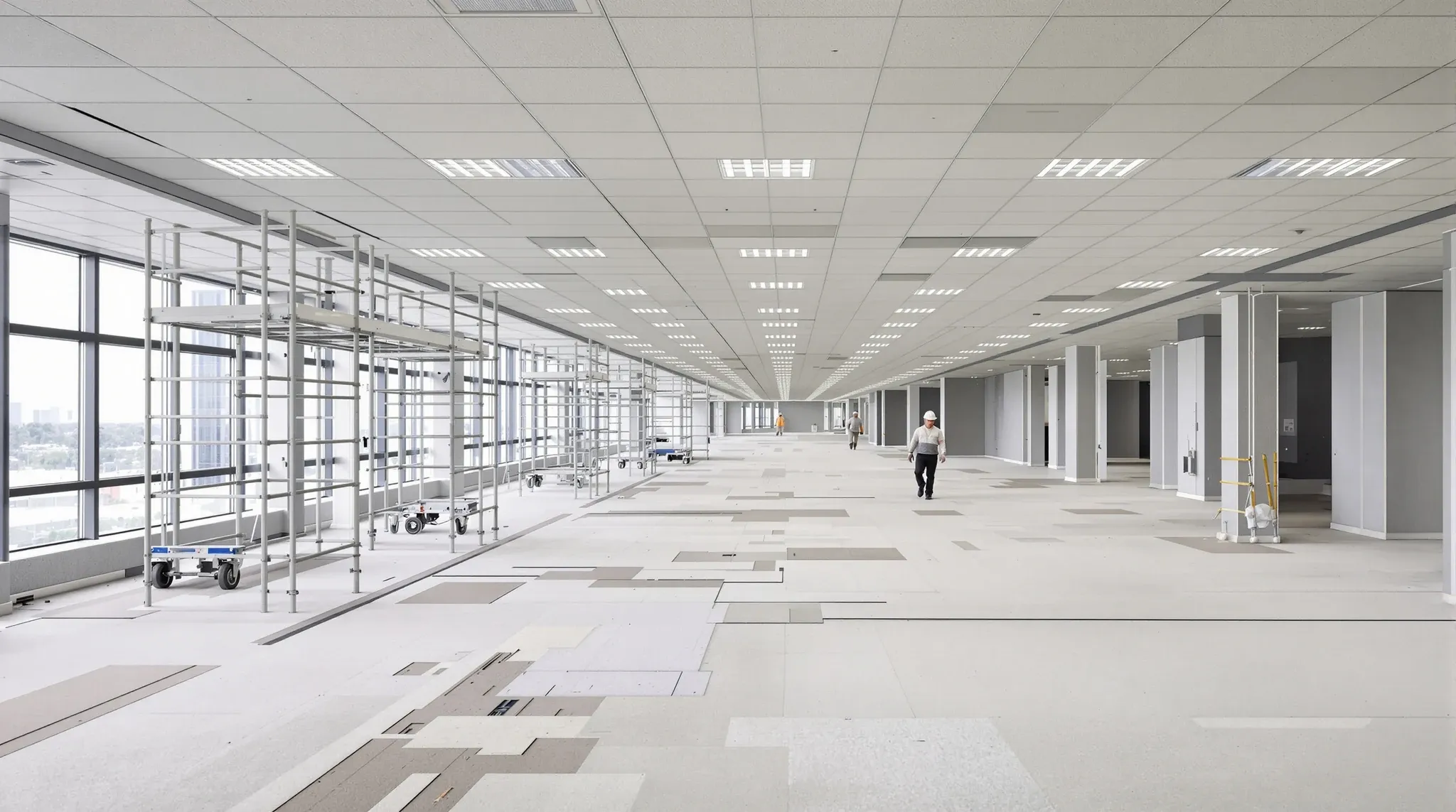 A large stripped office floor with bare concrete and mobile scaffolds during a defit