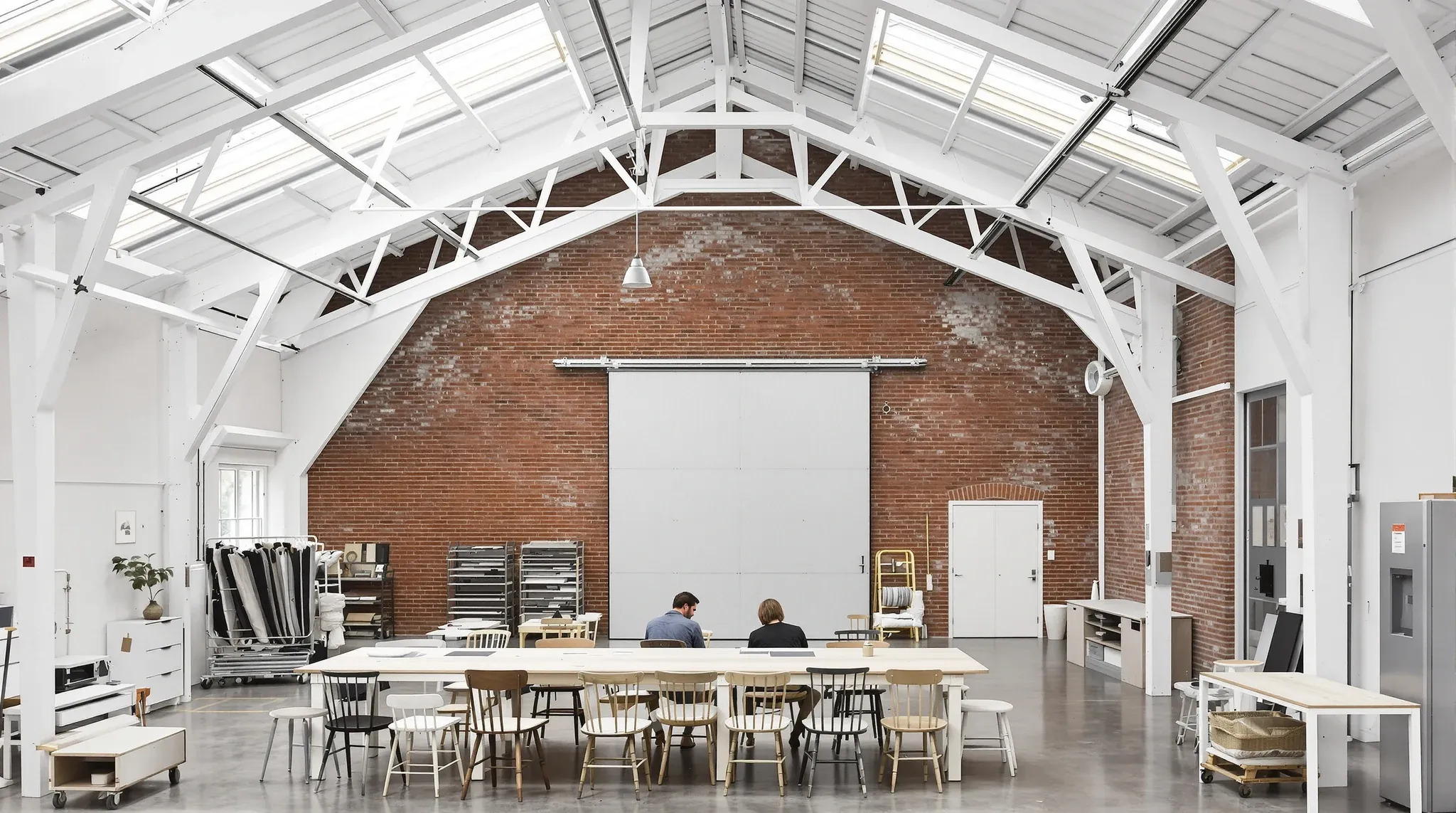 A studio office under a sawtooth roof with north-light glazing and a long shared table