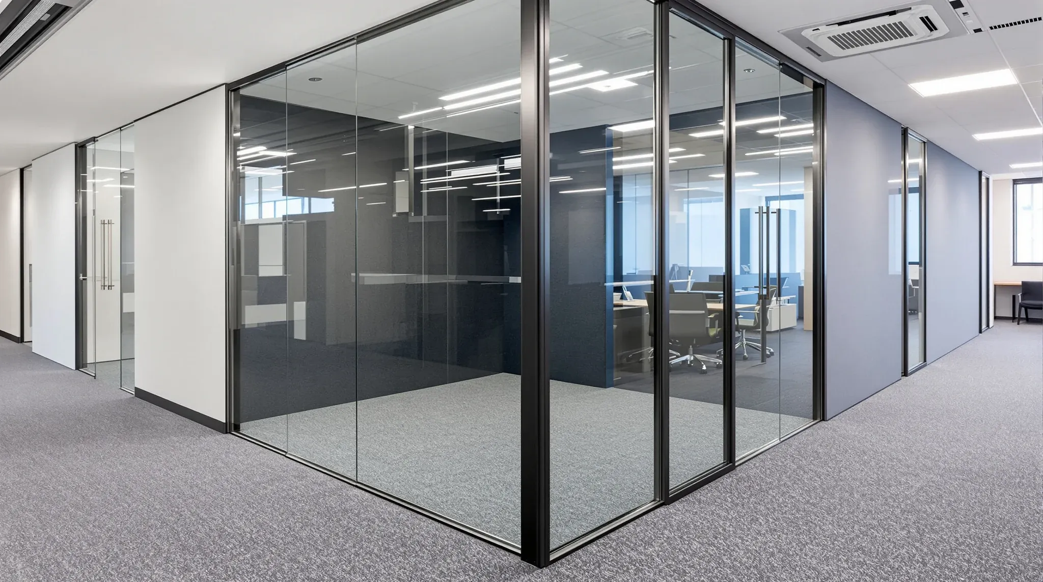 A close view of a glass partition meeting a solid plasterboard wall at a neat junction