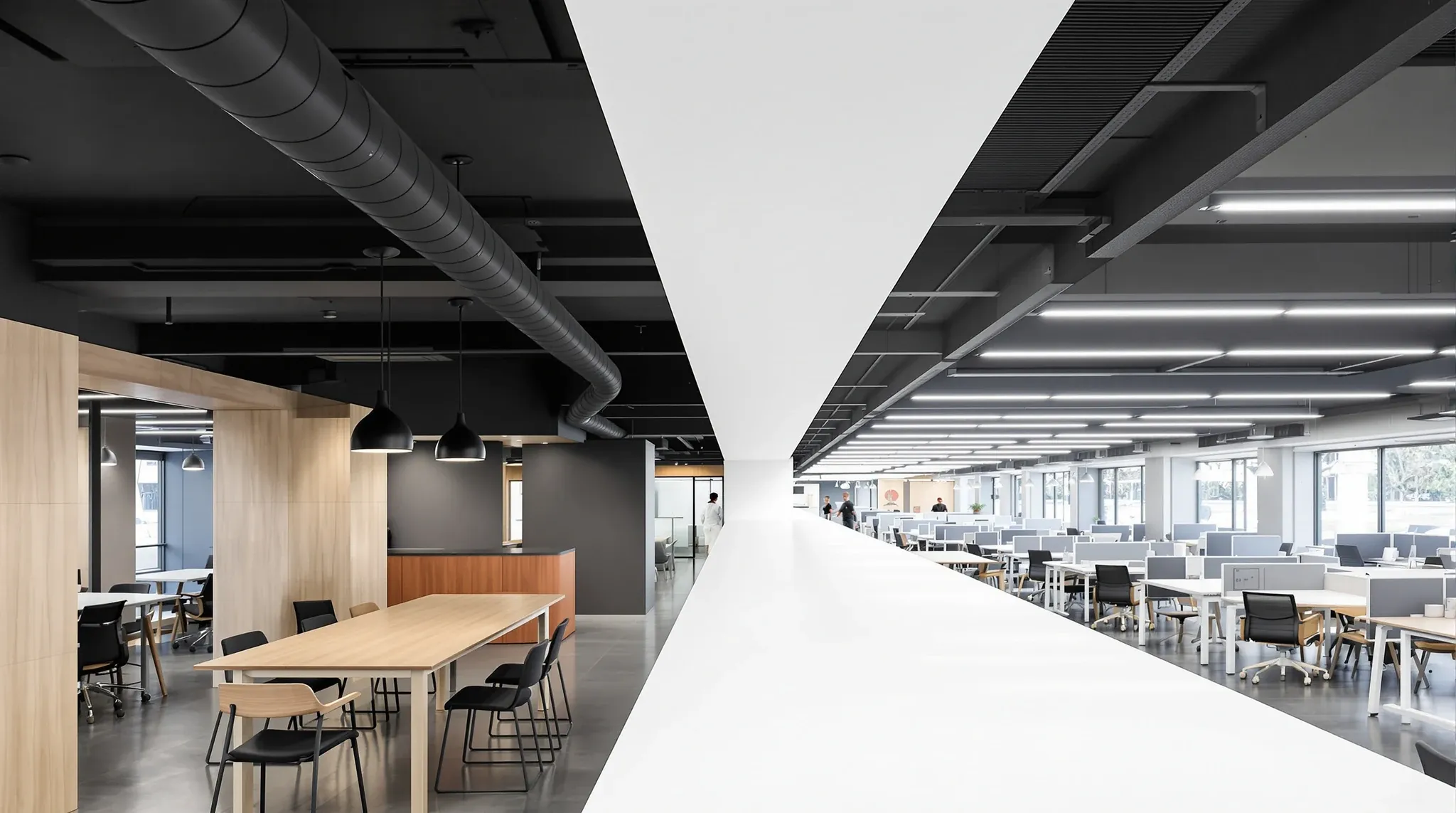 A dark exposed ceiling over an office breakout meeting a white suspended tile ceiling over the desks beyond