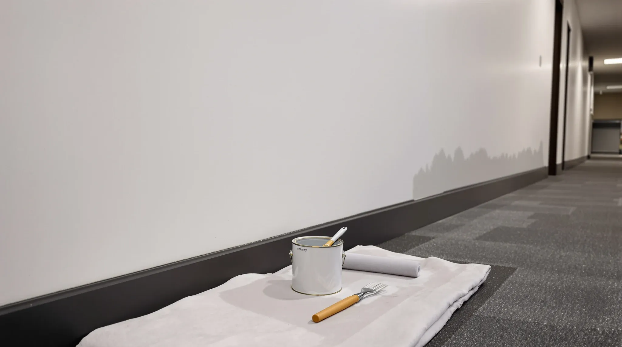 A small touch-up paint kit on a folded cloth at the foot of an office corridor wall after hours