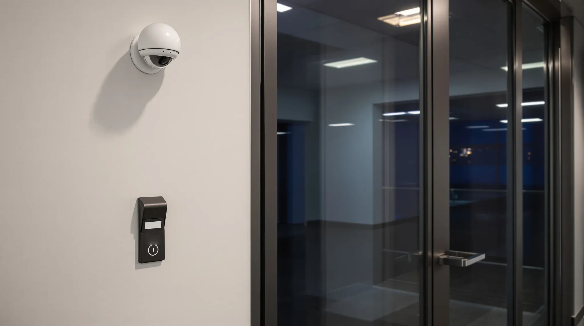 A plain card reader beside a glass office door and a small dome camera on the ceiling in an emptied office