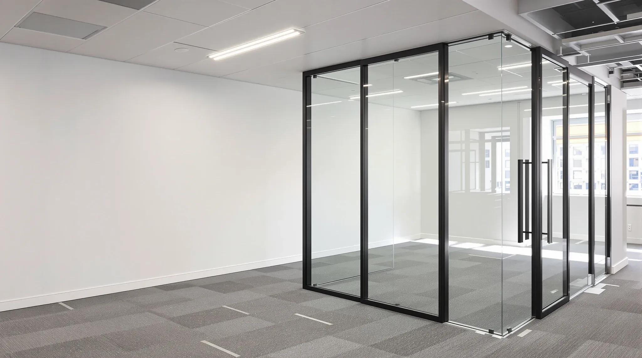 One partition line changing from a painted plasterboard wall to a black-framed glass meeting room front