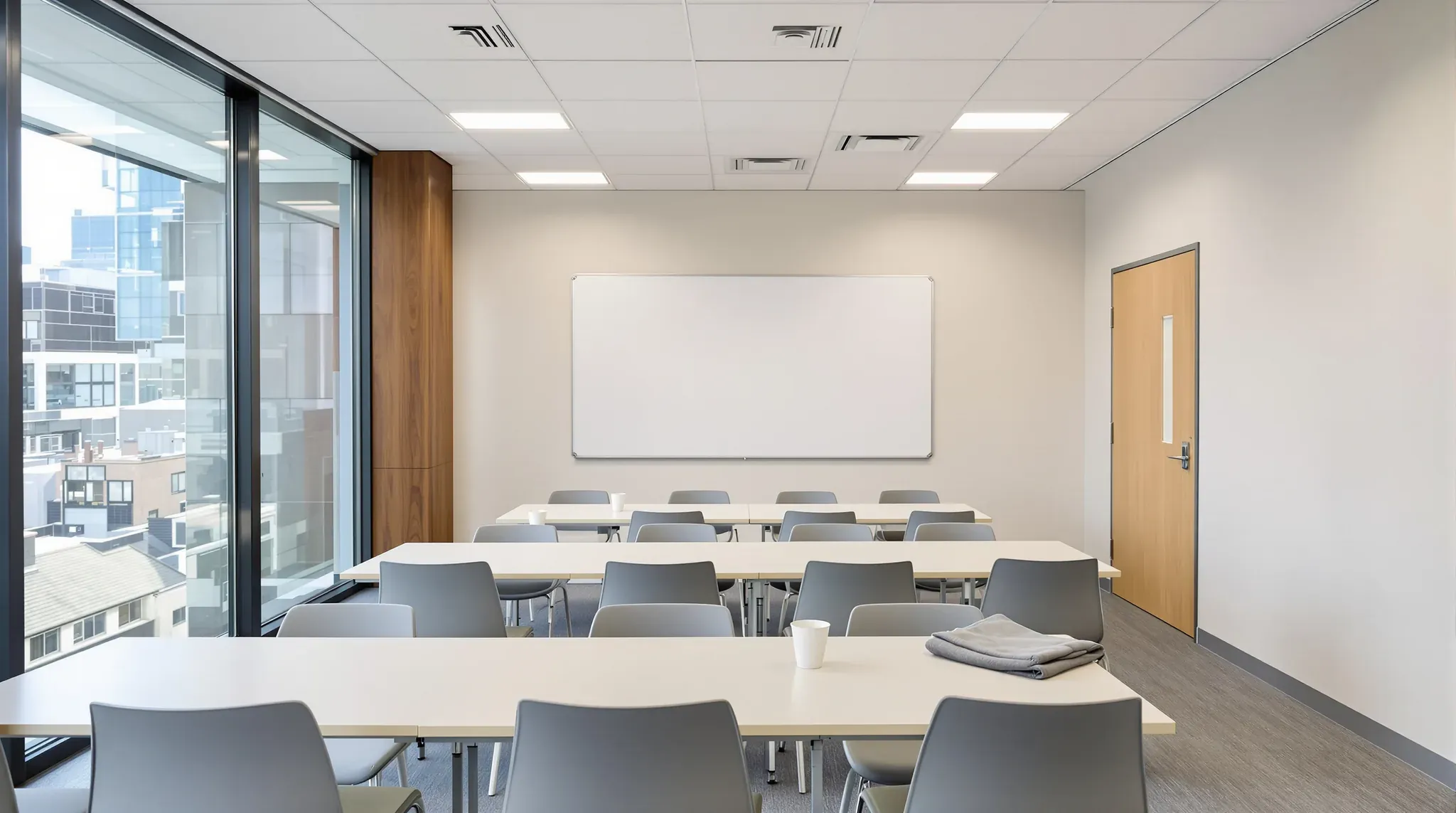 Language college classroom on an office floor, with tables in rows facing a whiteboard and city views