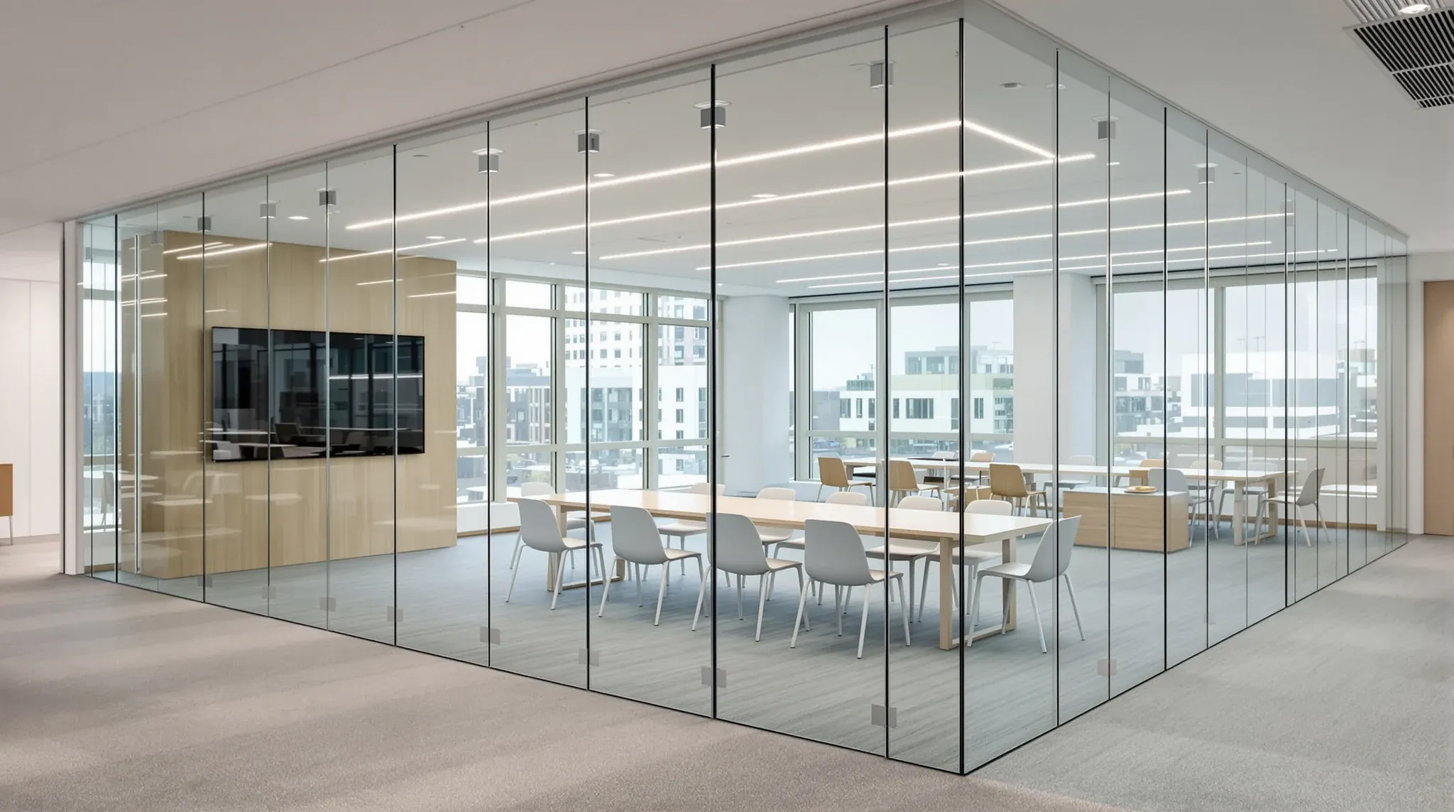 A frameless glass meeting room wall with thin silicone joints and no frames, seen from a reception area