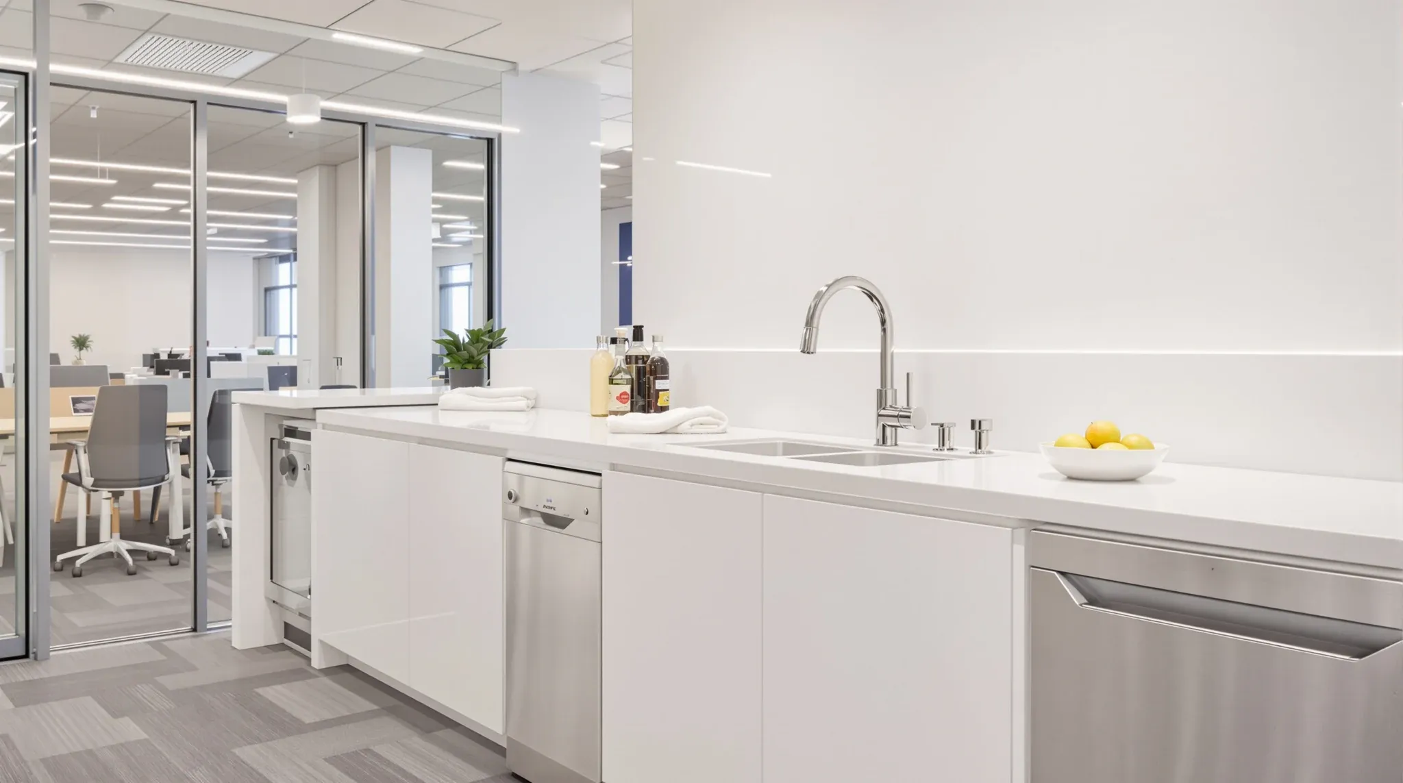 An office tea point with a sink, a boiling and chilled water tap and a dishwasher beside the open office
