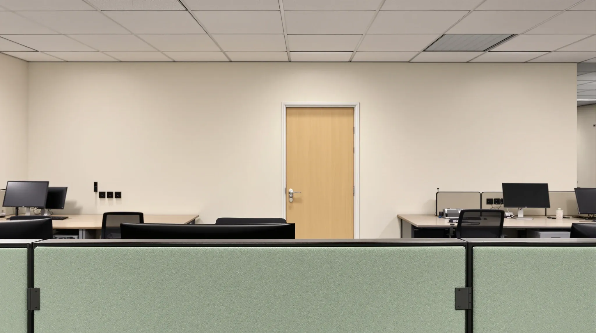 A seated view over a low fabric desk screen toward a closed room in a solid plasterboard wall