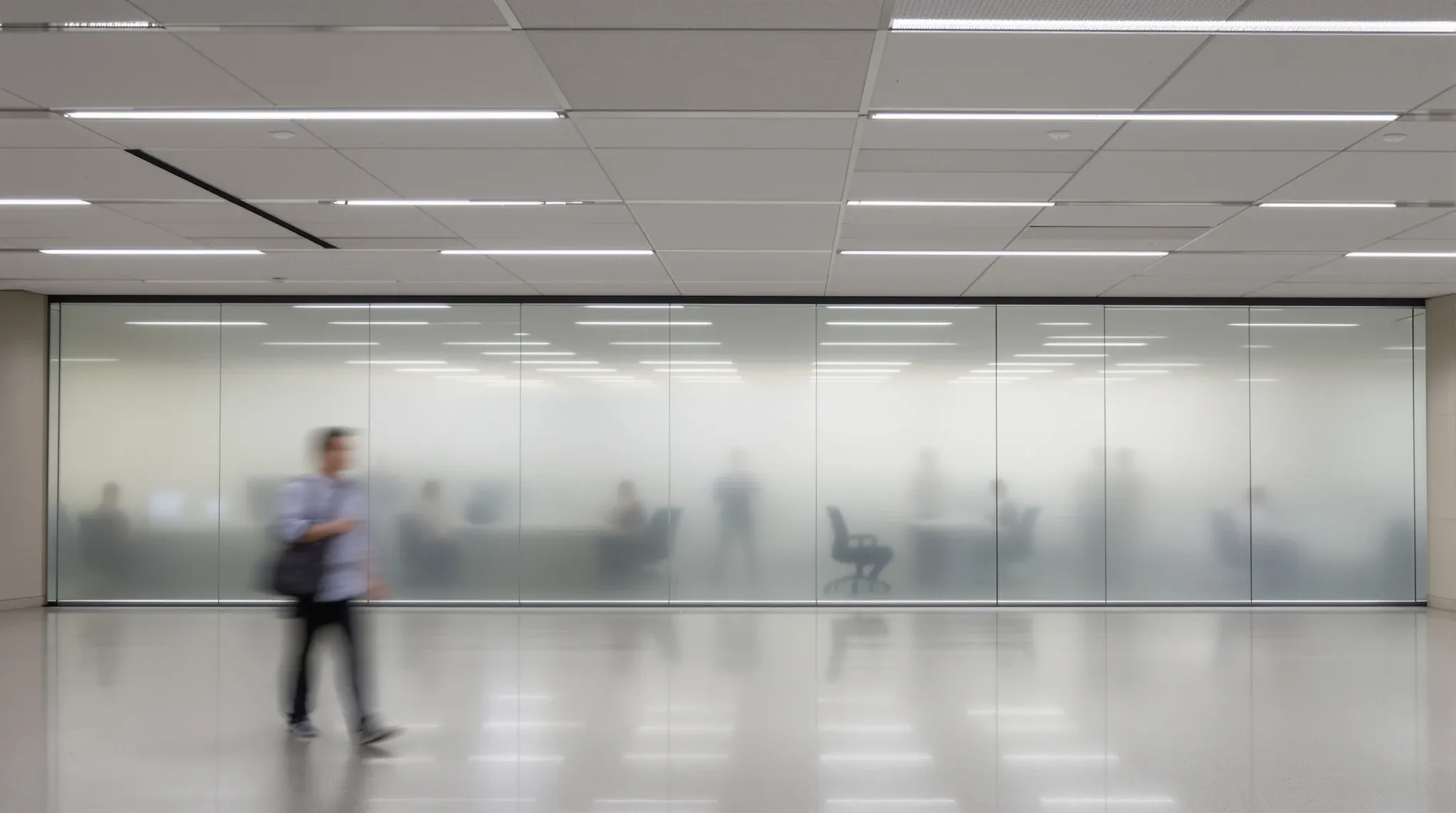An office working normally while the other half of the floor is screened for works