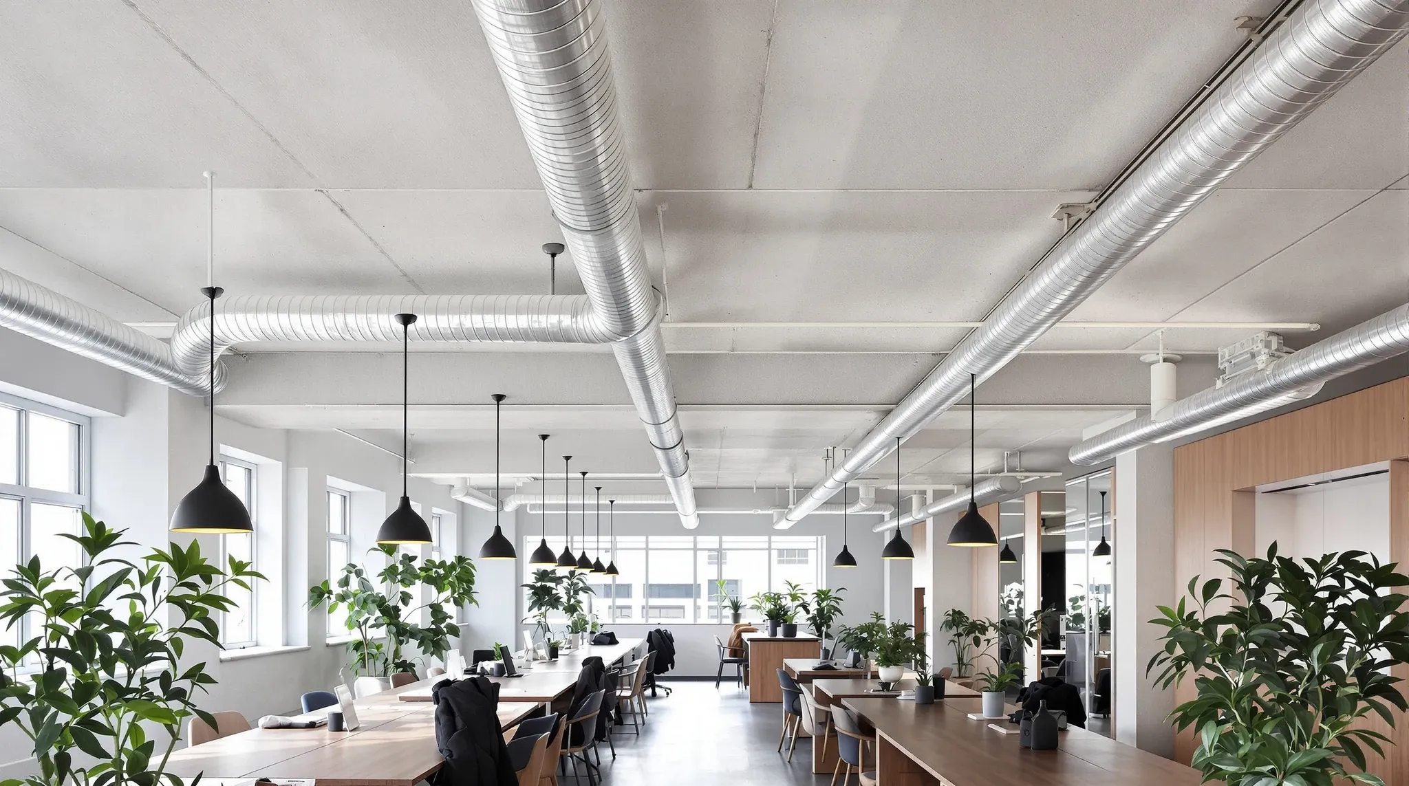 An office with a bare concrete ceiling, two galvanised ducts and black pendant lights over desks