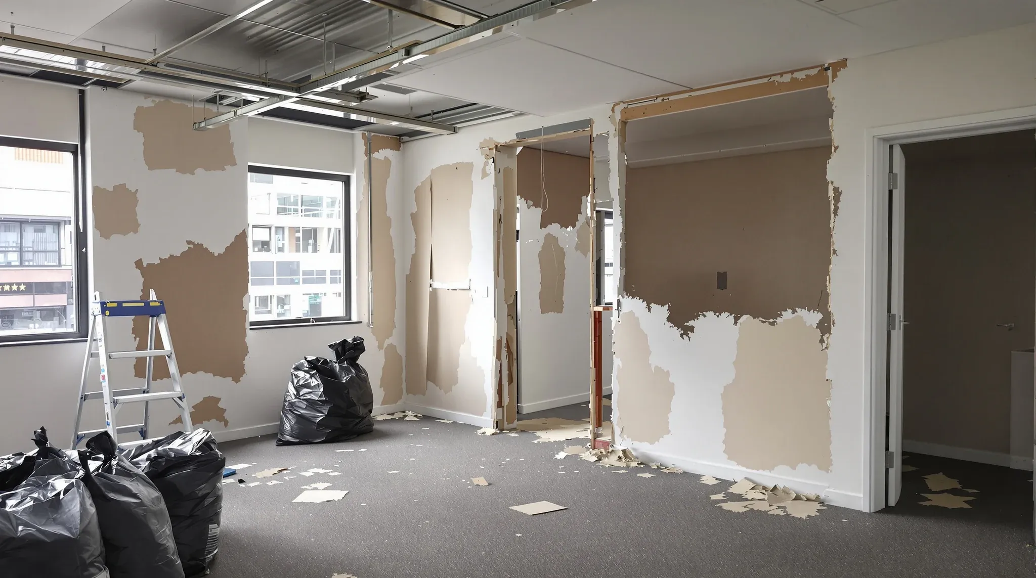 A small office left half stripped, with torn carpet tiles, a rough wall opening and hanging cables