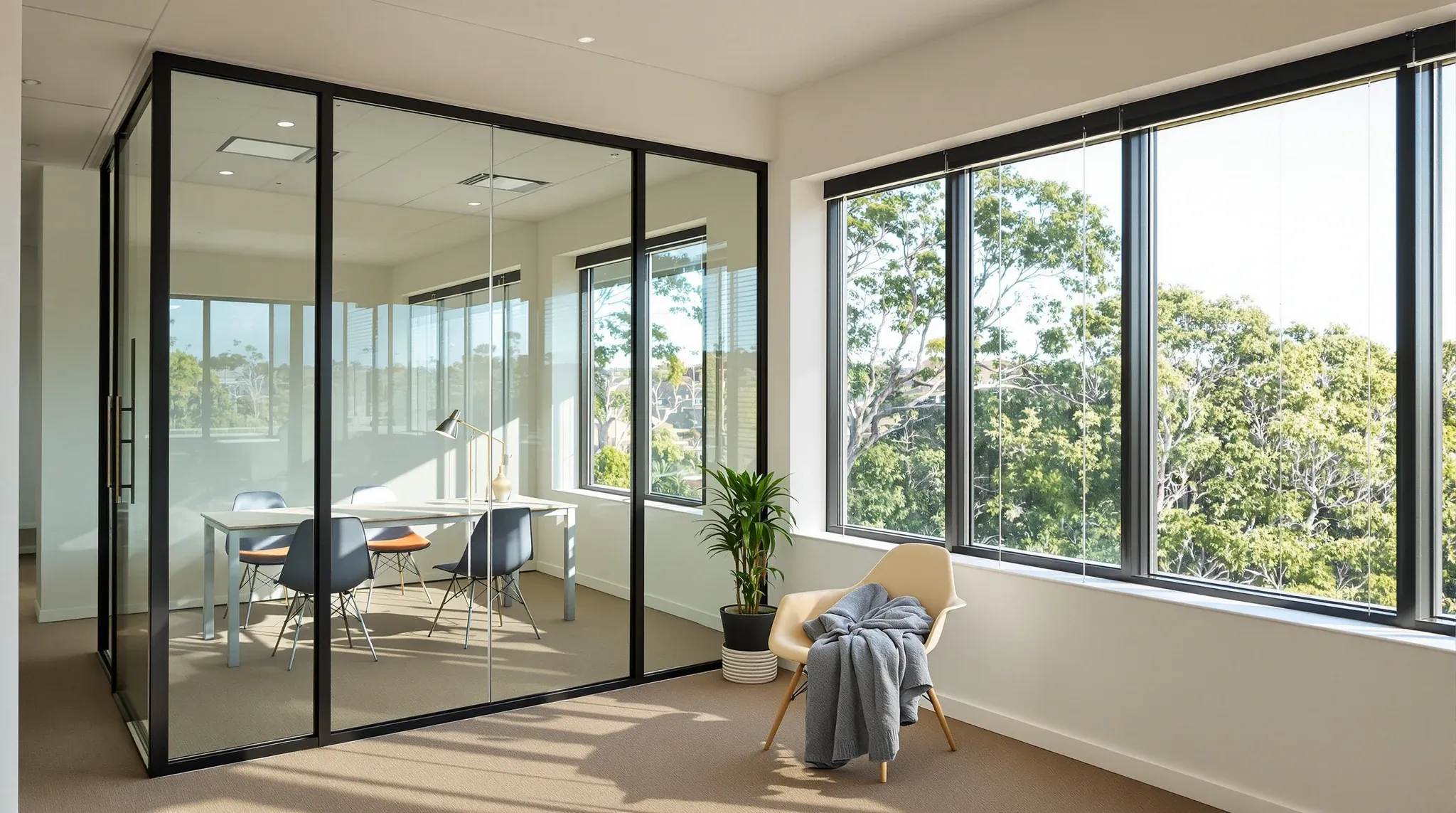 A slim black-framed glass meeting room in a small, lived-in coastal office on a sunny afternoon