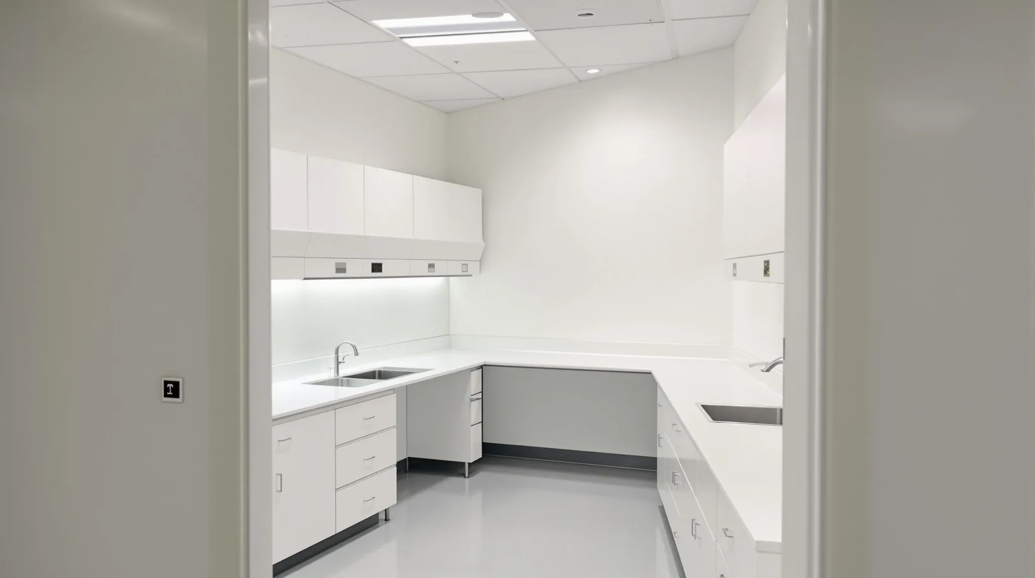 Empty finished small laboratory with white benches, coved vinyl floor, fume cupboard, no labels