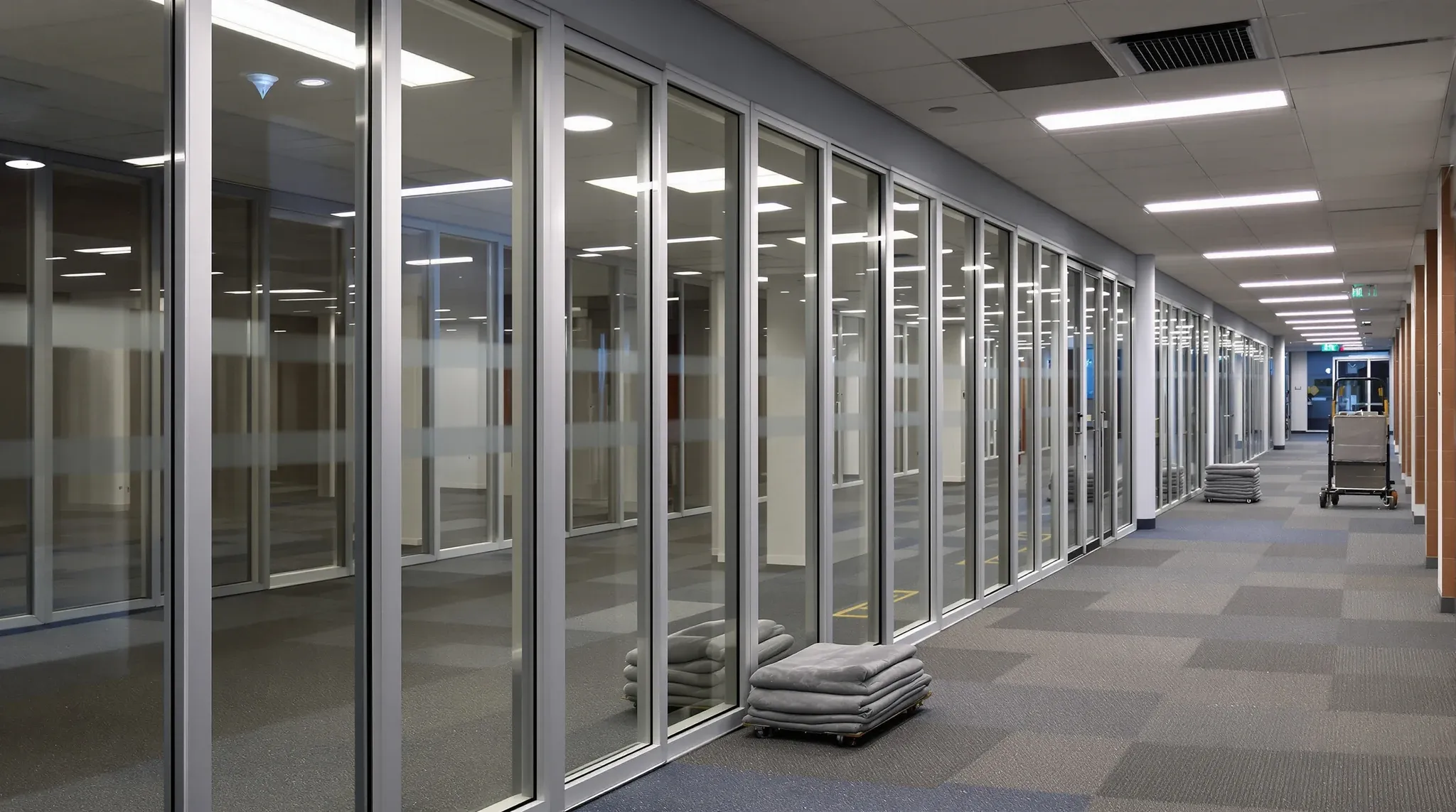 A row of empty glass-fronted offices in a vacated tenancy, cleaned and cleared of furniture