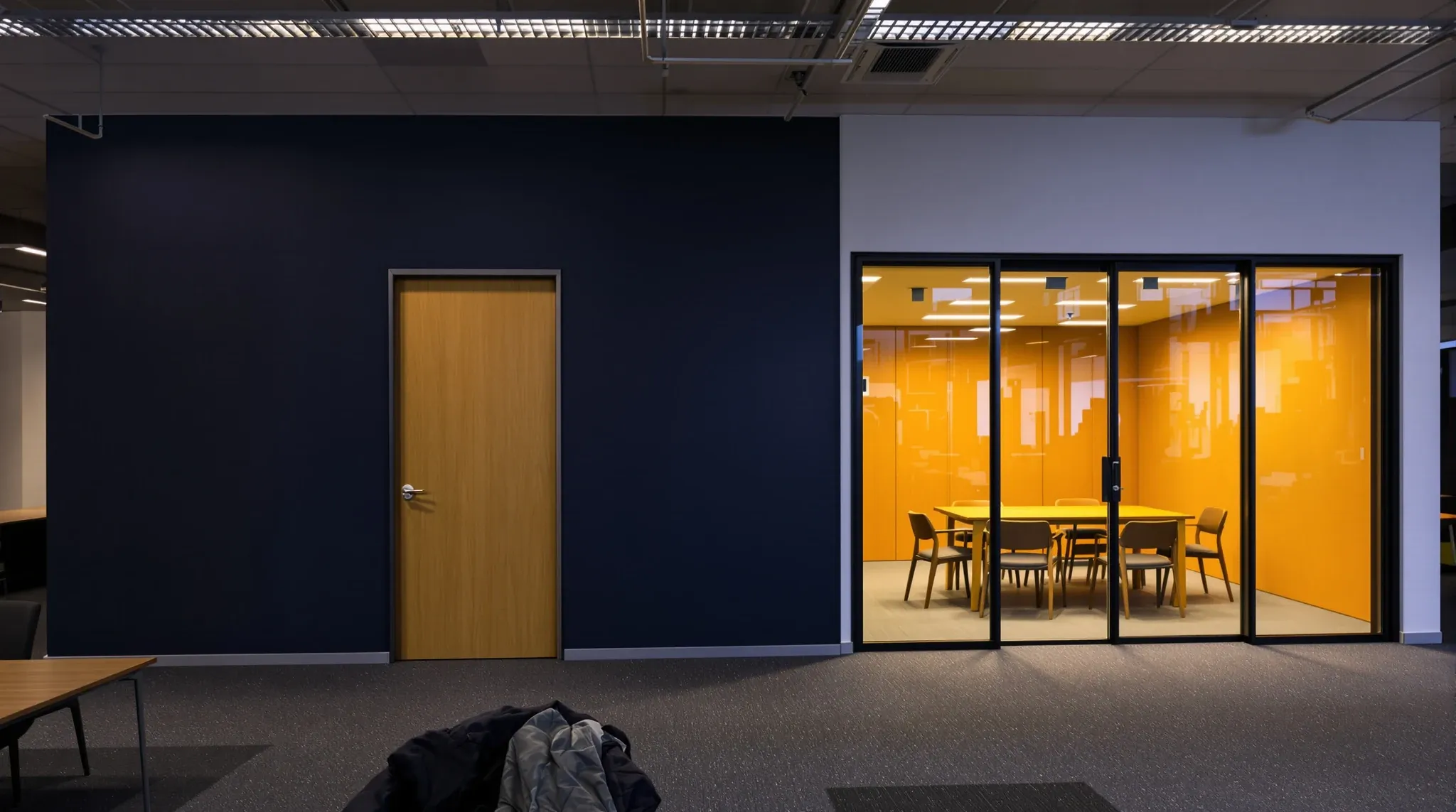 A navy plasterboard room and a black-framed glass meeting room side by side on an office floor in the evening