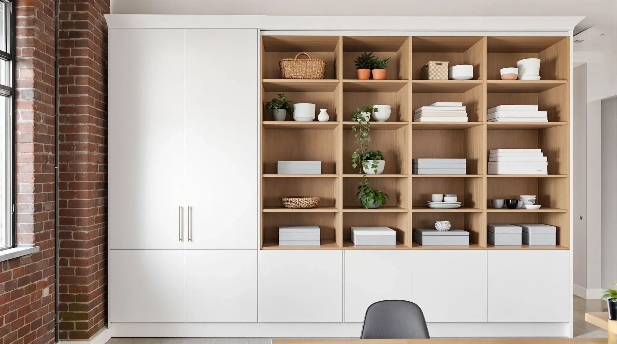 A built-in storage wall with white cupboards and oak shelves holding everyday office items