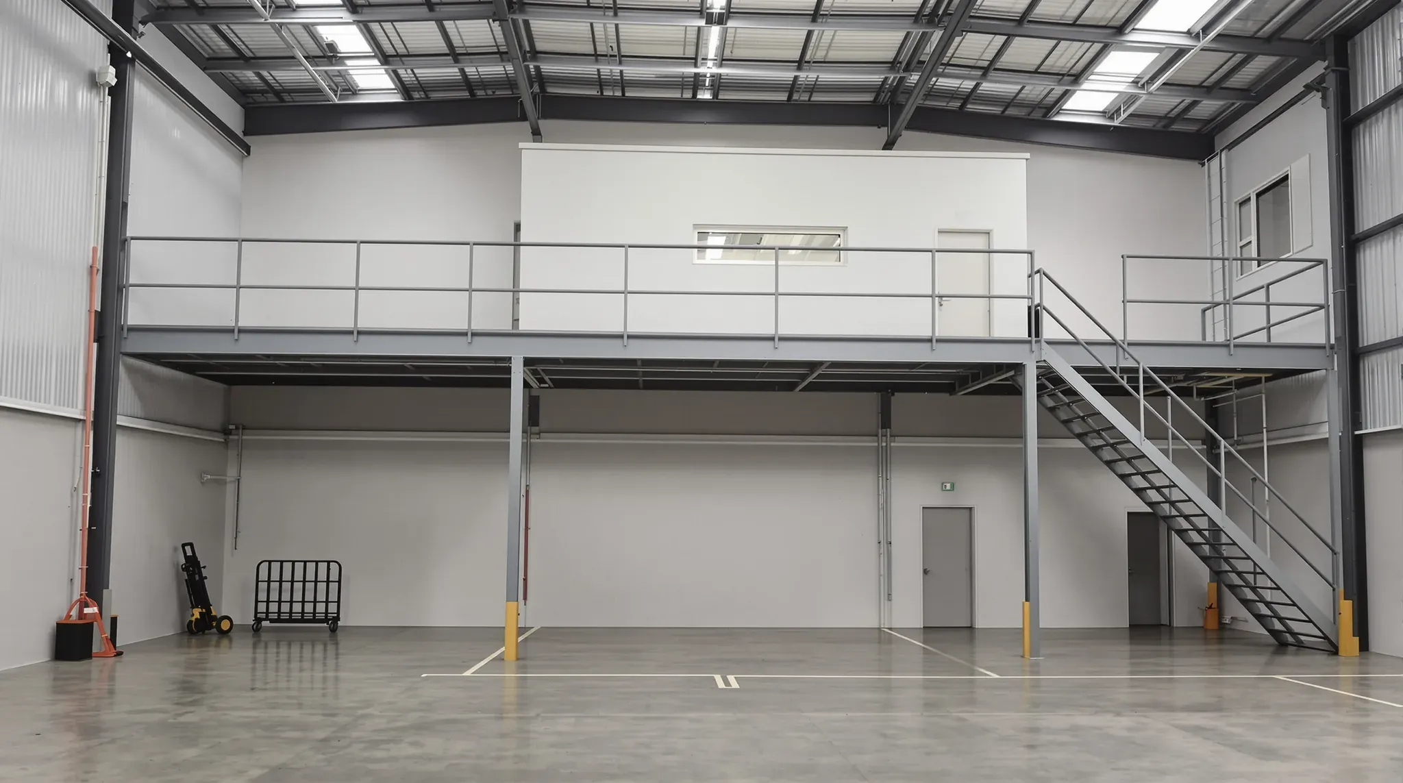 Warehouse with a steel mezzanine platform carrying an office with a row of windows, reached by a steel stair