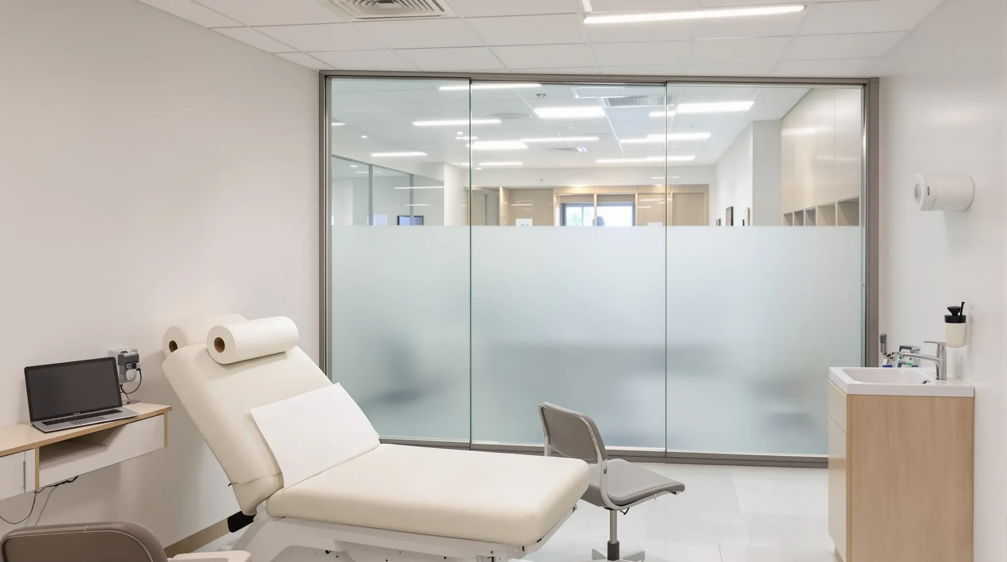 A consulting room with an examination couch beside a frosted glass wall, the waiting area blurred beyond