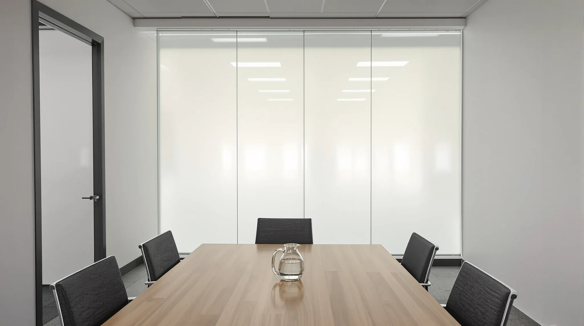 A small boardroom whose glass wall has been switched to a milky white for privacy