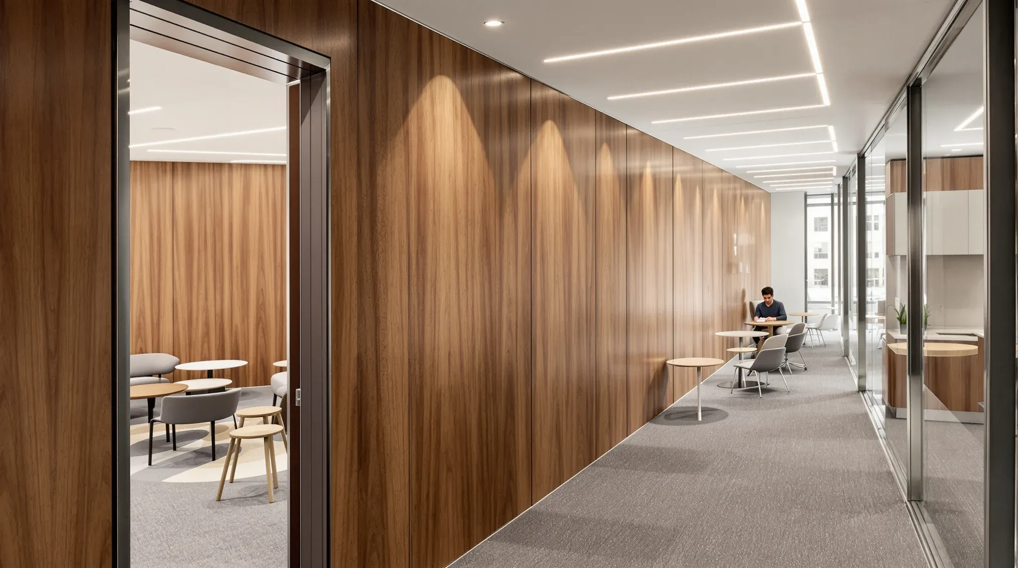 A former boardroom with timber panelling reused as a team space with small tables and desks