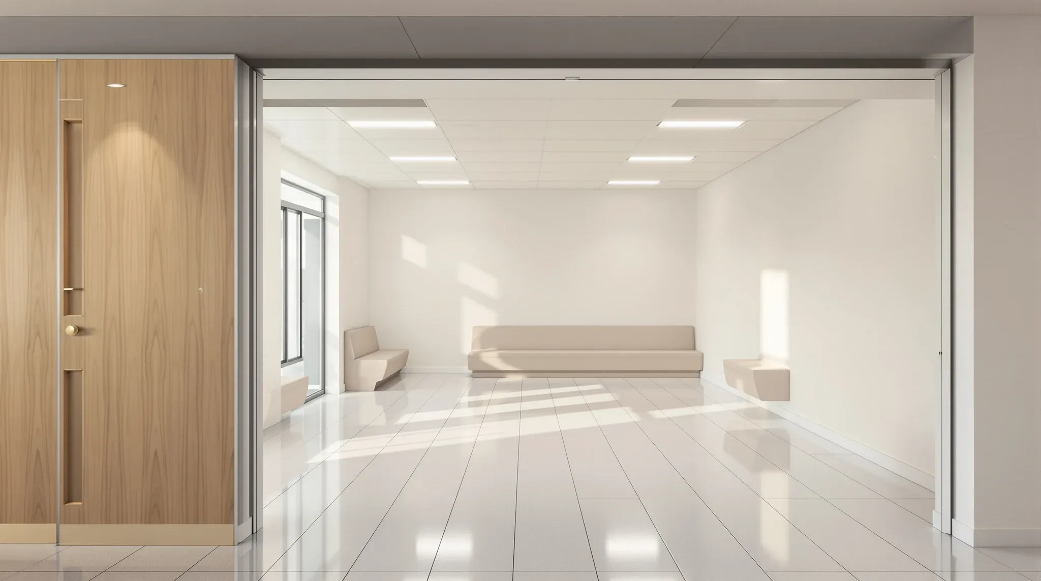 Empty bright paediatric waiting room with low benches, rounded joinery edges, wipeable walls