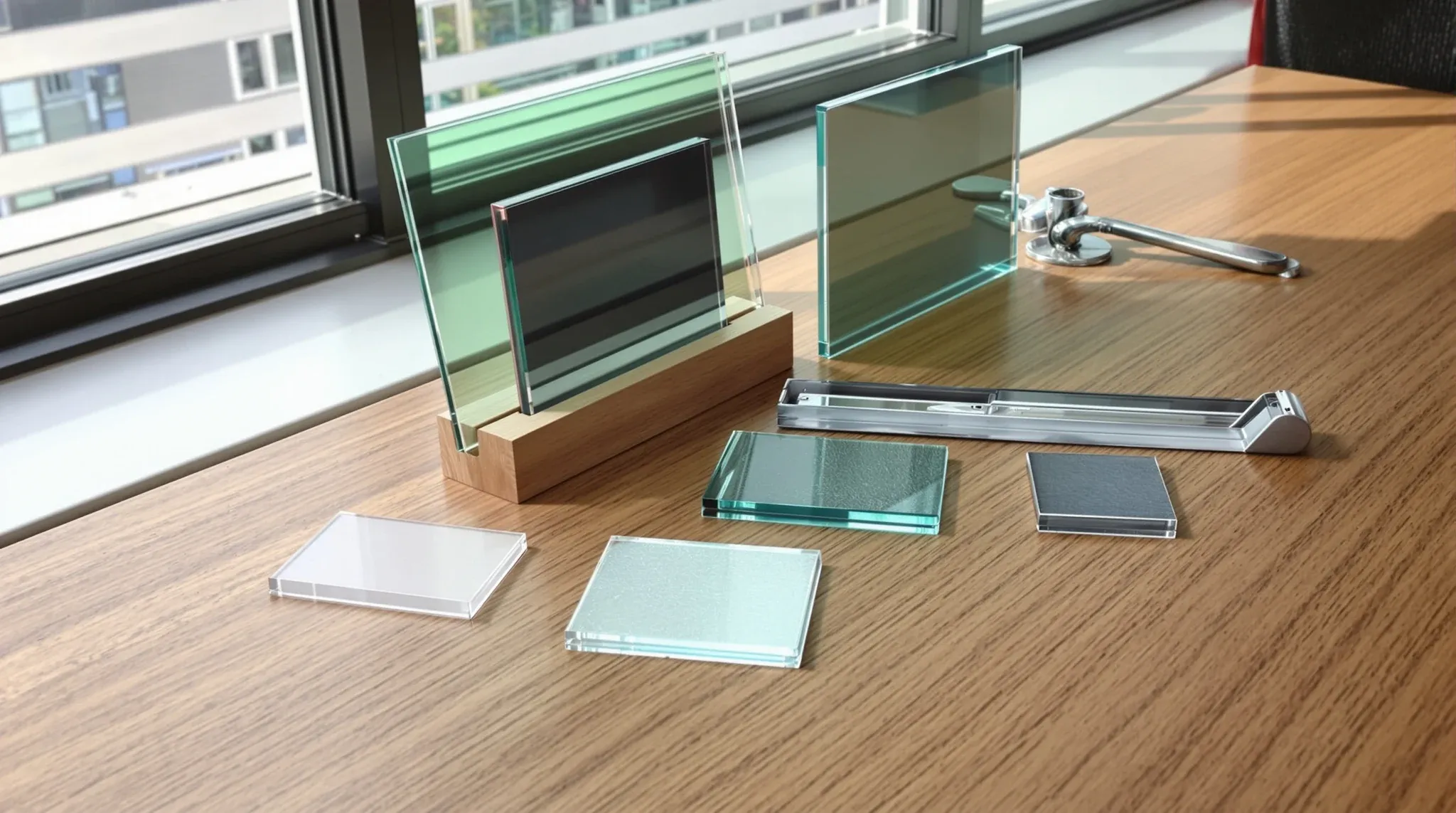 Glass samples, a head channel and a door handle laid out on a timber table beside a window