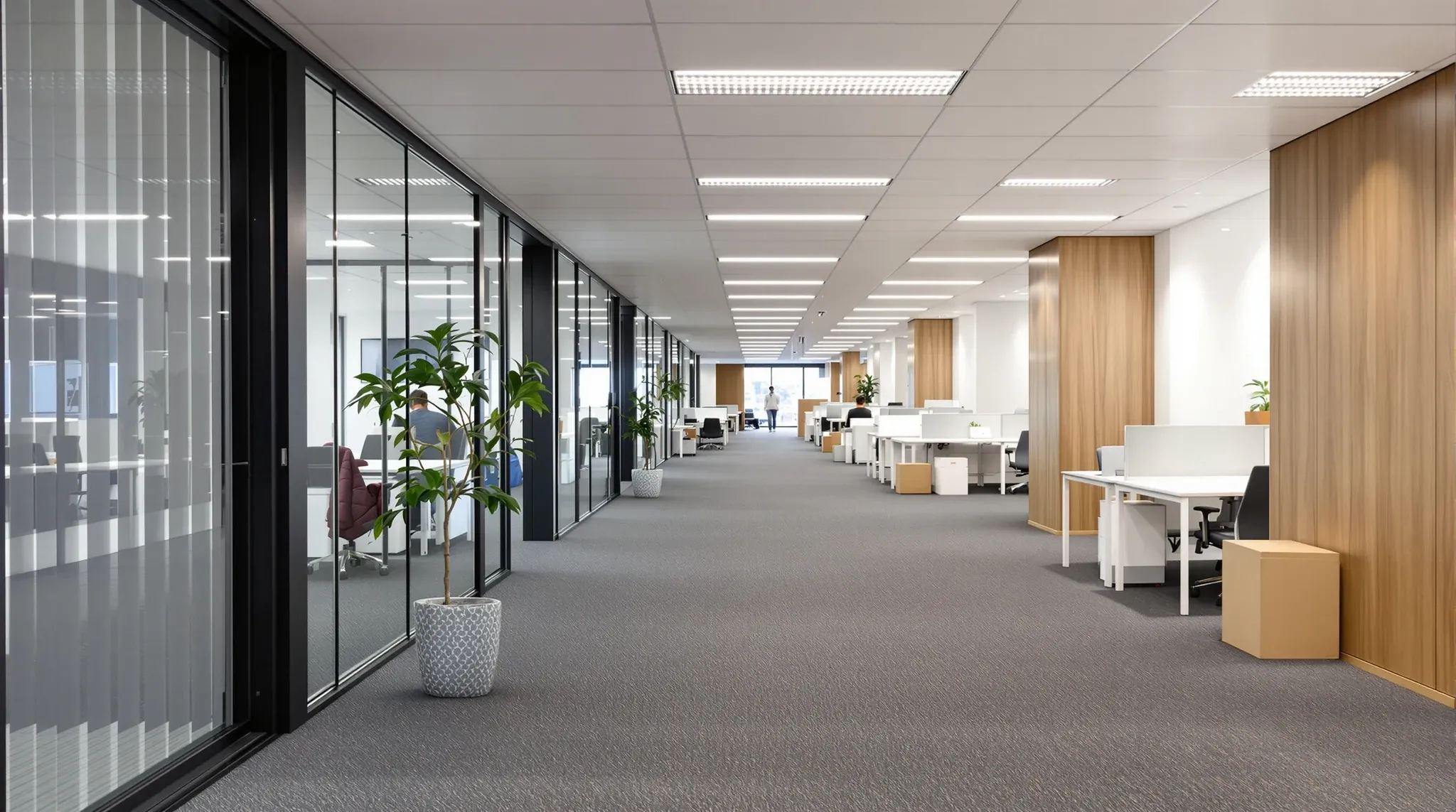 A long office floor brought back into one tenancy, the team working at one end and new desks set up beyond