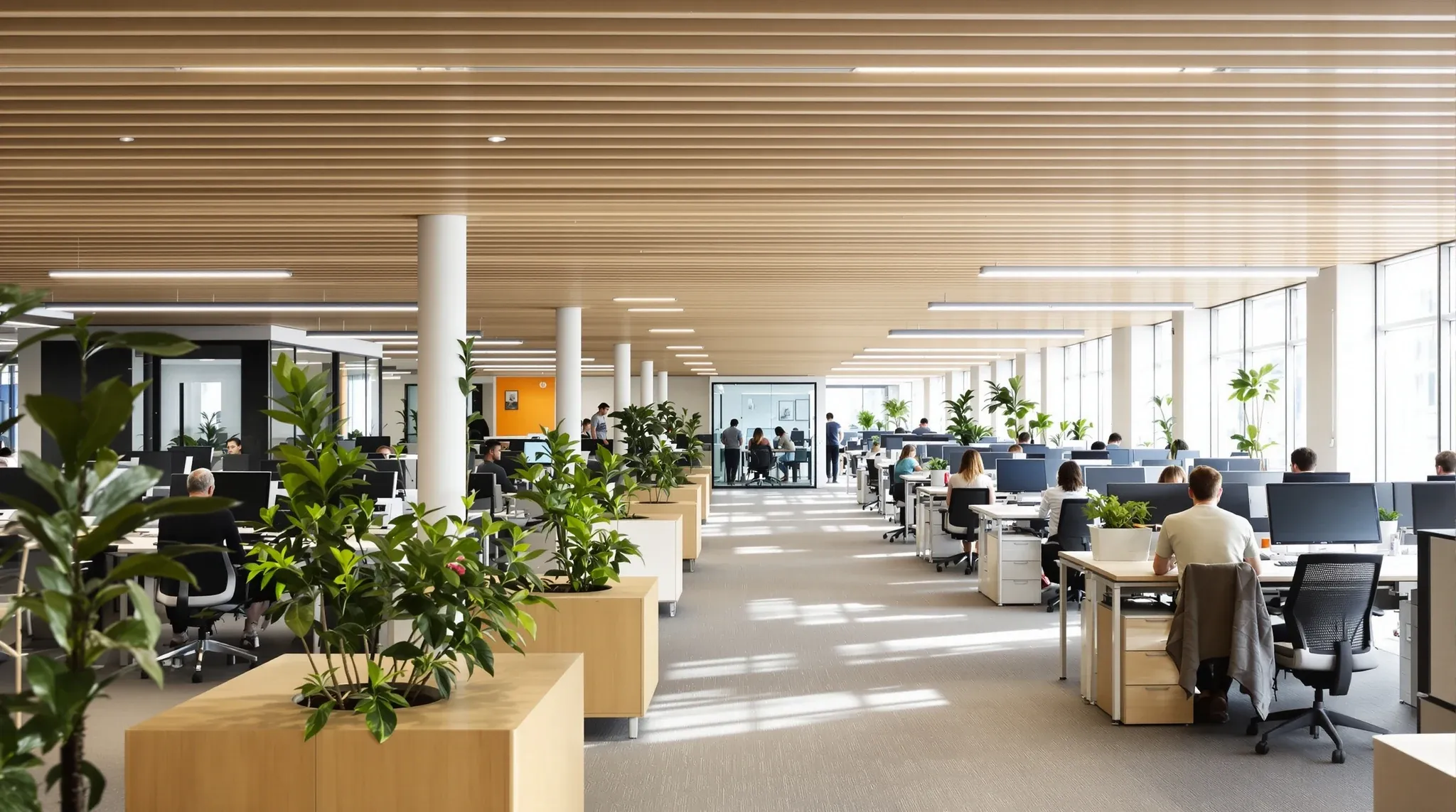 A busy open office floor with timber acoustic ceiling slats and plants, seen from the end of an aisle