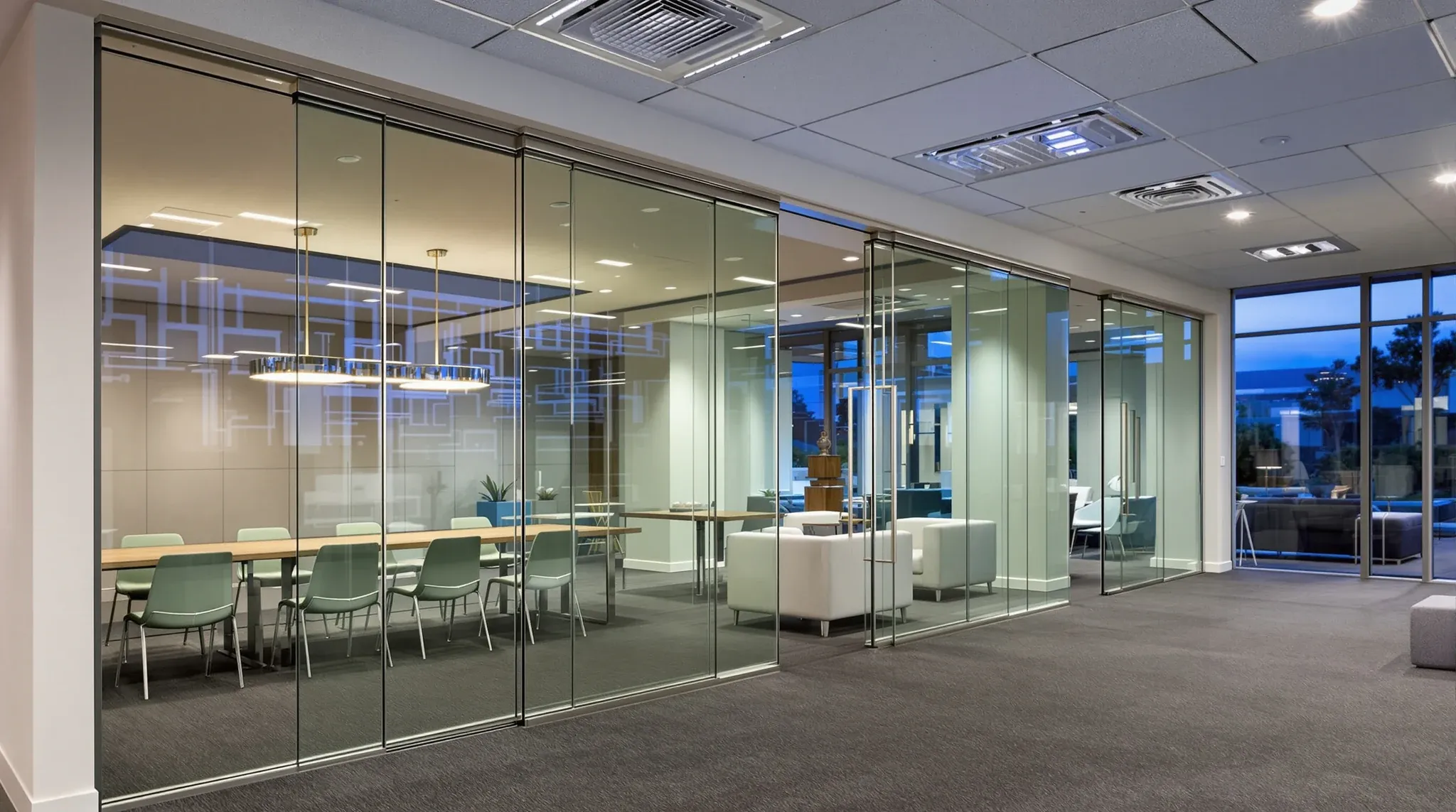 Top-hung sliding glass panels partly opened between a boardroom and breakout, with no track on the floor