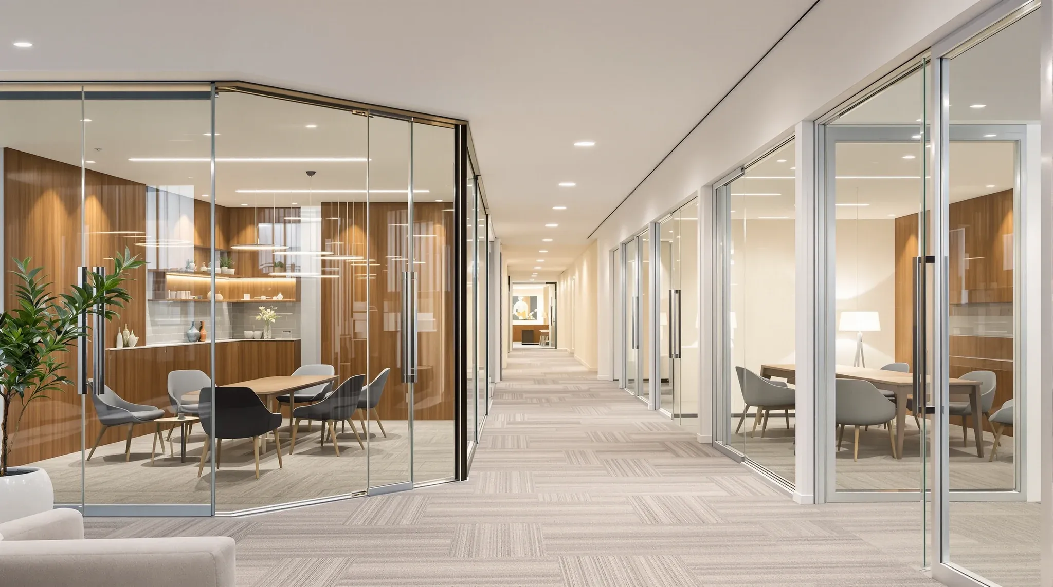 A frameless glass boardroom by reception, with a row of silver-framed glass offices down the hall beyond